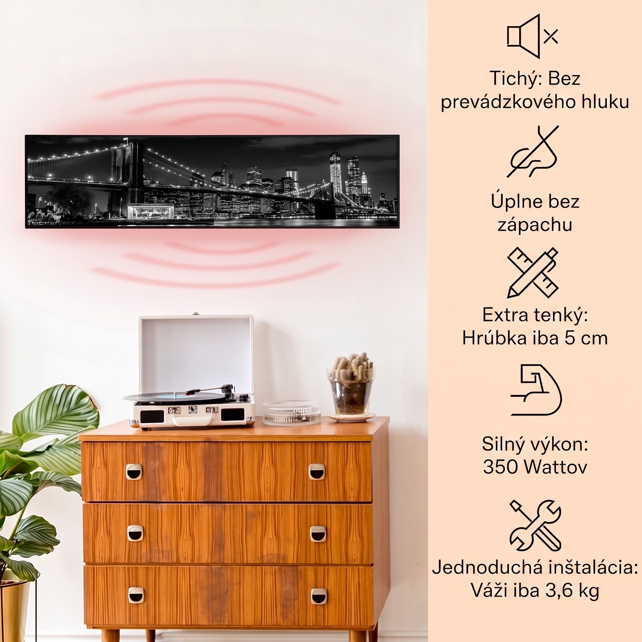 Klarstein Wonderwall Air Art Smart, infračervený ohrievač, 120 x 30 cm, 350 W, most – Obrázok 2