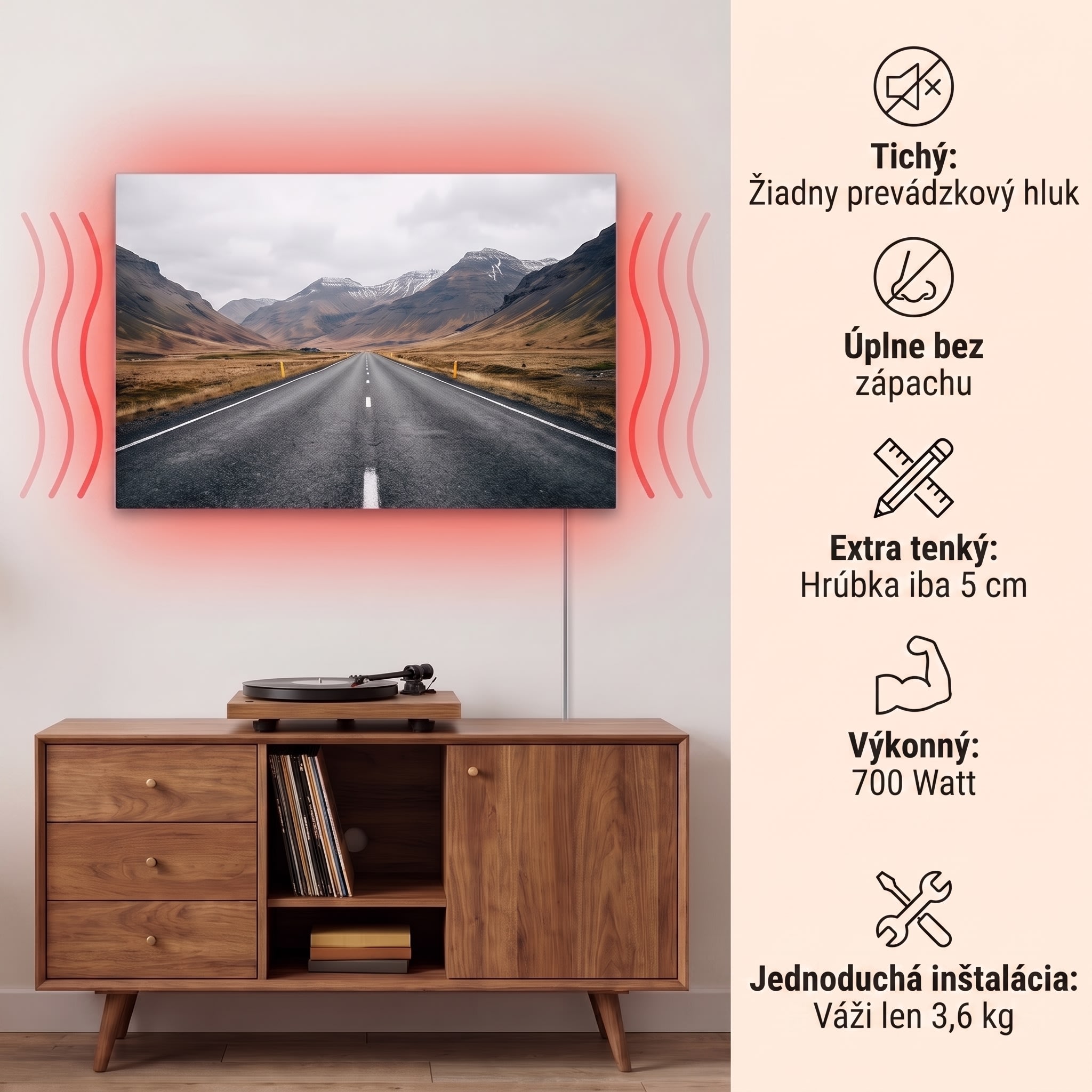 Klarstein Wonderwall Air Art Smart, infračervený ohrievač, 120 x 60 cm, 700 W, horská cesta – Obrázok 2