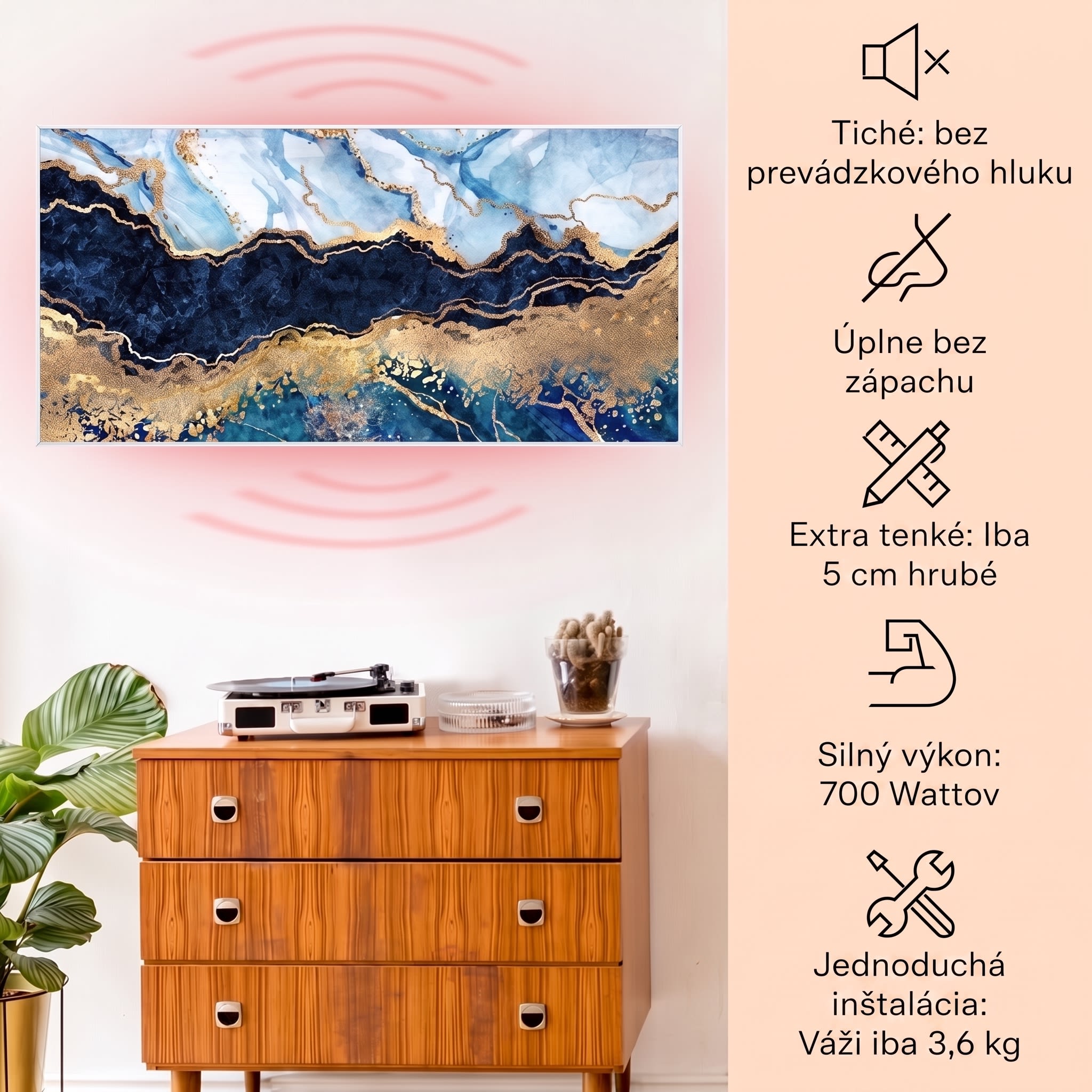 Klarstein Wonderwall Air Art Smart, infračervený ohrievač, 120 x 60 cm, 700 W, modrý mramor – Obrázok 2