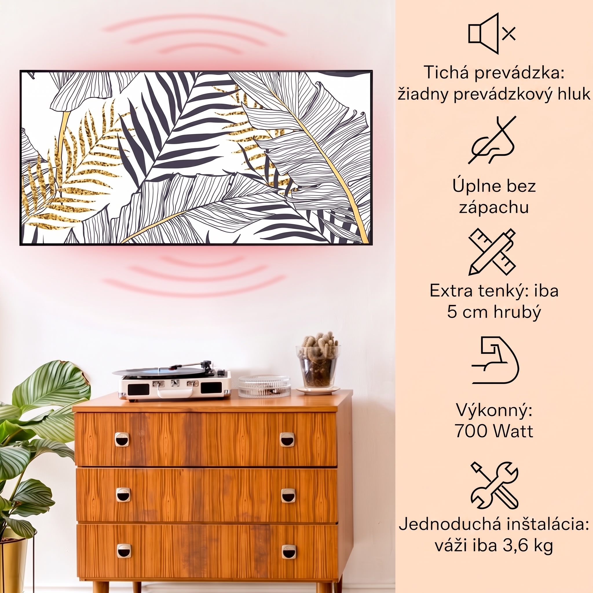 Klarstein Wonderwall Air Art Smart, infračervený ohrievač, 120 x 60 cm, 700 W, list – Obrázok 2