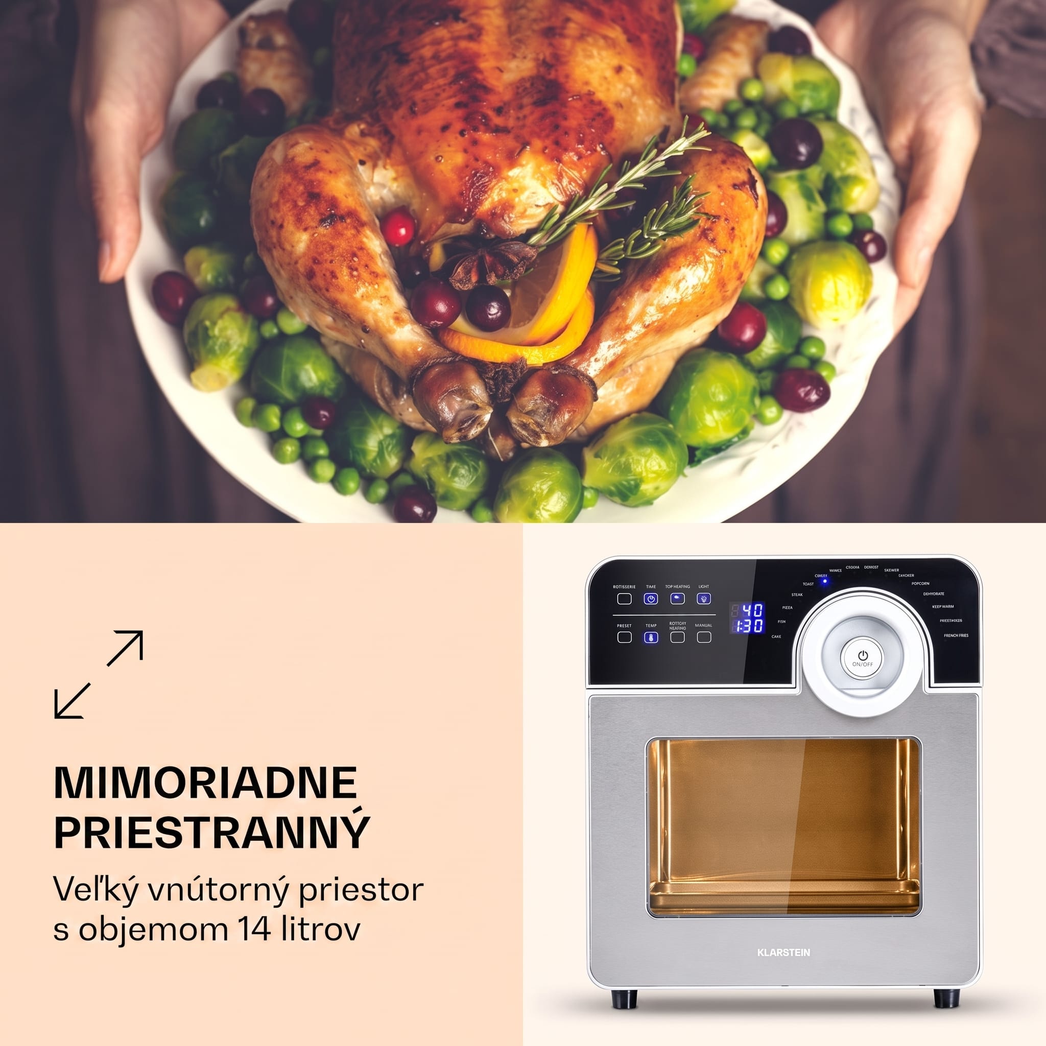 Klarstein AeroVital Cube Chef, teplovzdušná fritéza, 1700 W, 14 l, 16 programov, horný a spodný ohrev – Obrázok 2