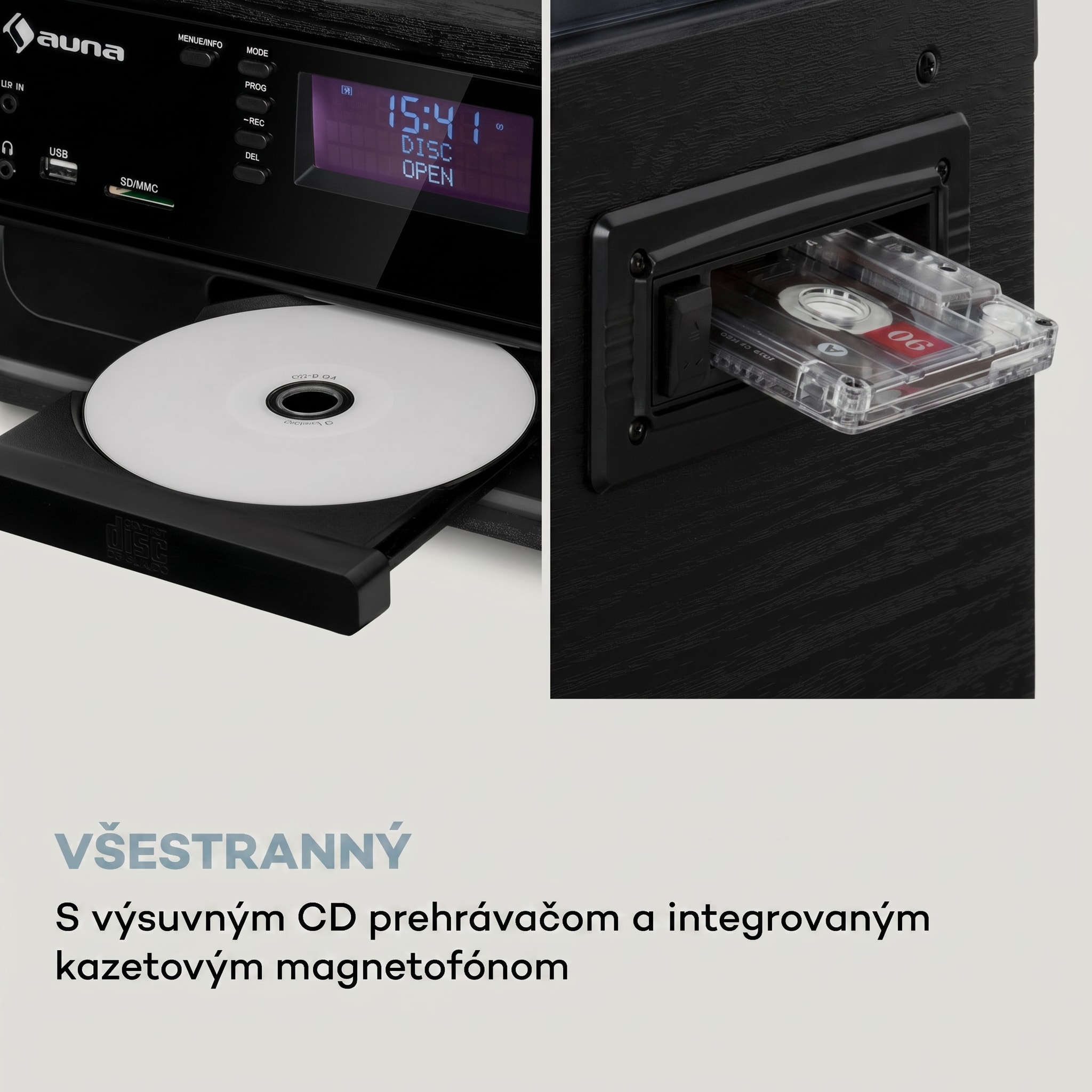 Auna Oakland DAB Plus, retro stereo systém, DAB+/FM, BT funkcia, vinyl, CD prehrávač, kazetový prehrávač. vrátane reproduktorov – Obrázok 5