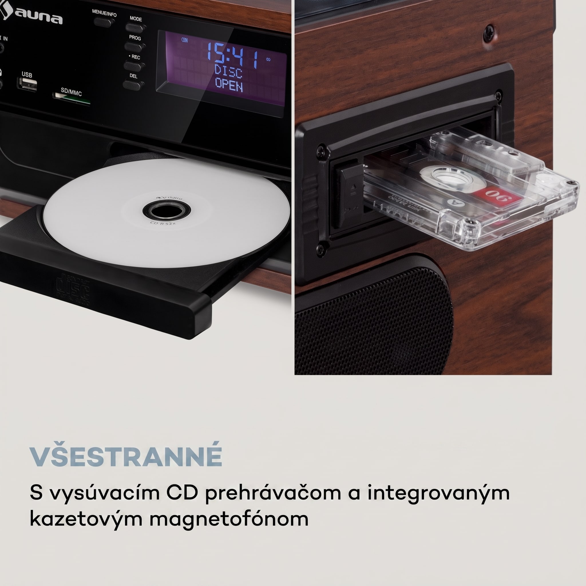 Auna Oakland DAB, retro stereo systém, DAB+/FM, BT funkcia, vinyl, CD, kazetový prehárvač – Obrázok 5