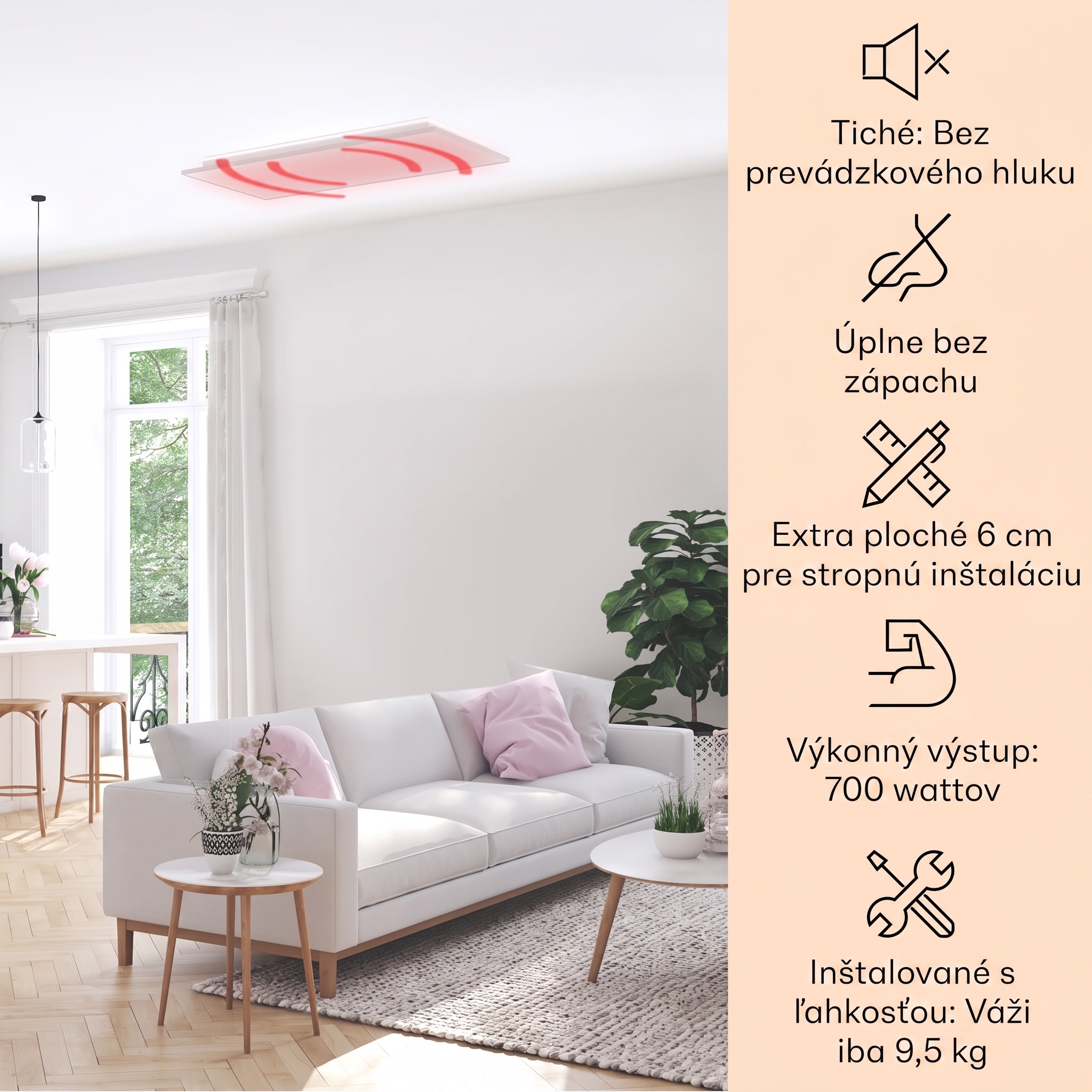 Klarstein Wondersky, infračervený stropný ohrievač, 120 x 60 x 6,5 cm (Š x V x H), 700 W, IP44 – Obrázok 2