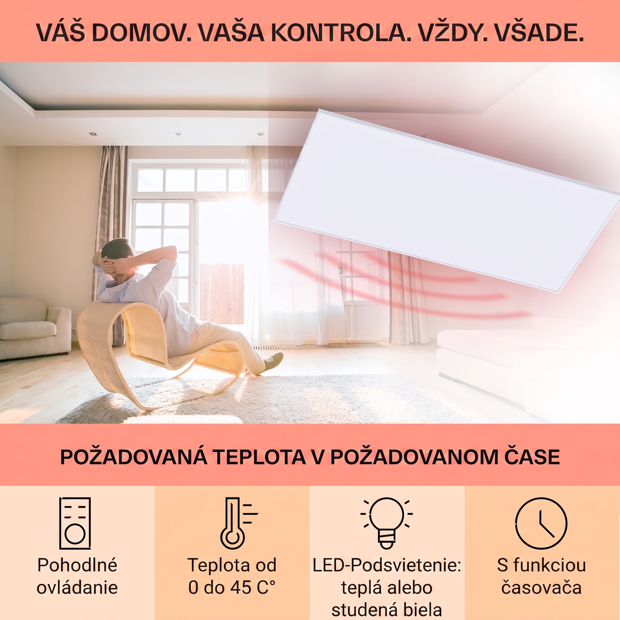 Klarstein Wondersky, infračervený stropný ohrievač, 120 x 60 x 6,5 cm (Š x V x H), 700 W, IP44 – Obrázok 3