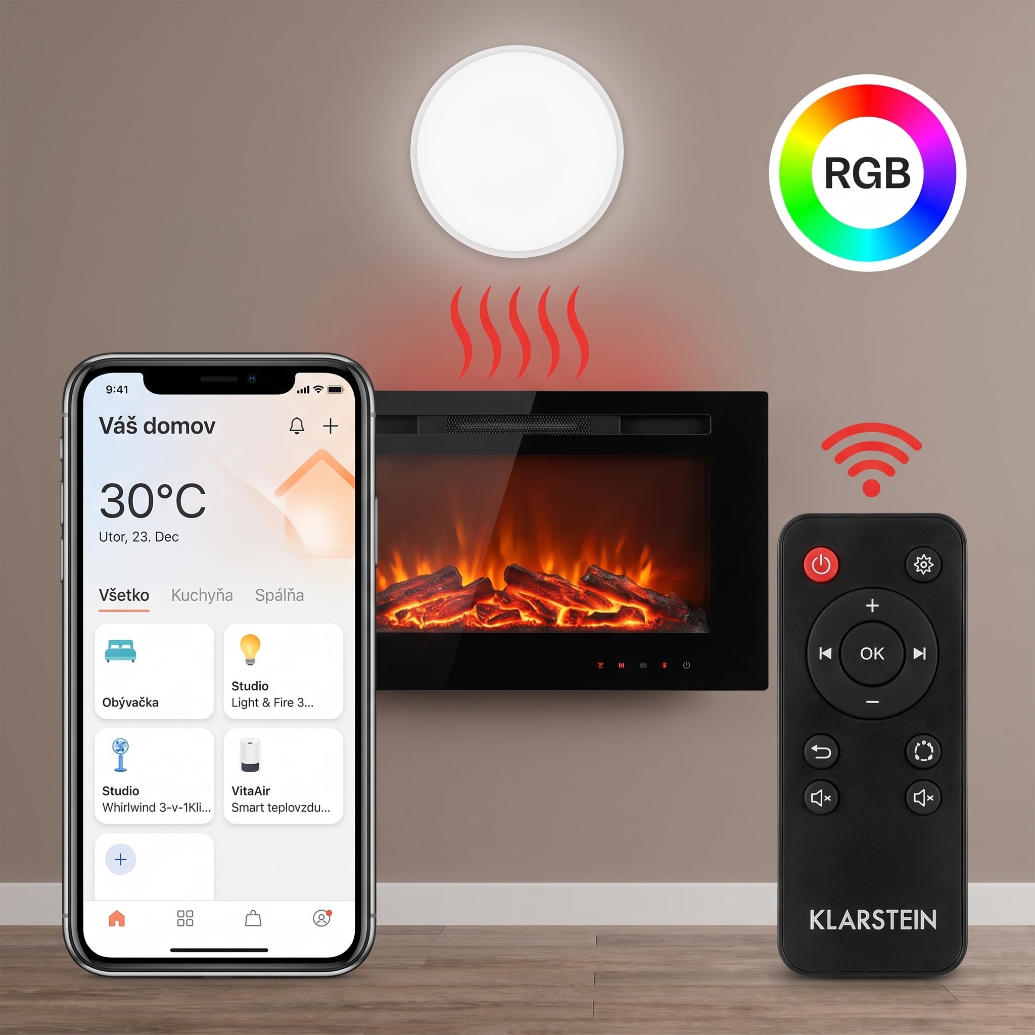 Klarstein Studio Light & Fire 3 Smart, krb, 1000/2000 W, MDF, WiFi Control
