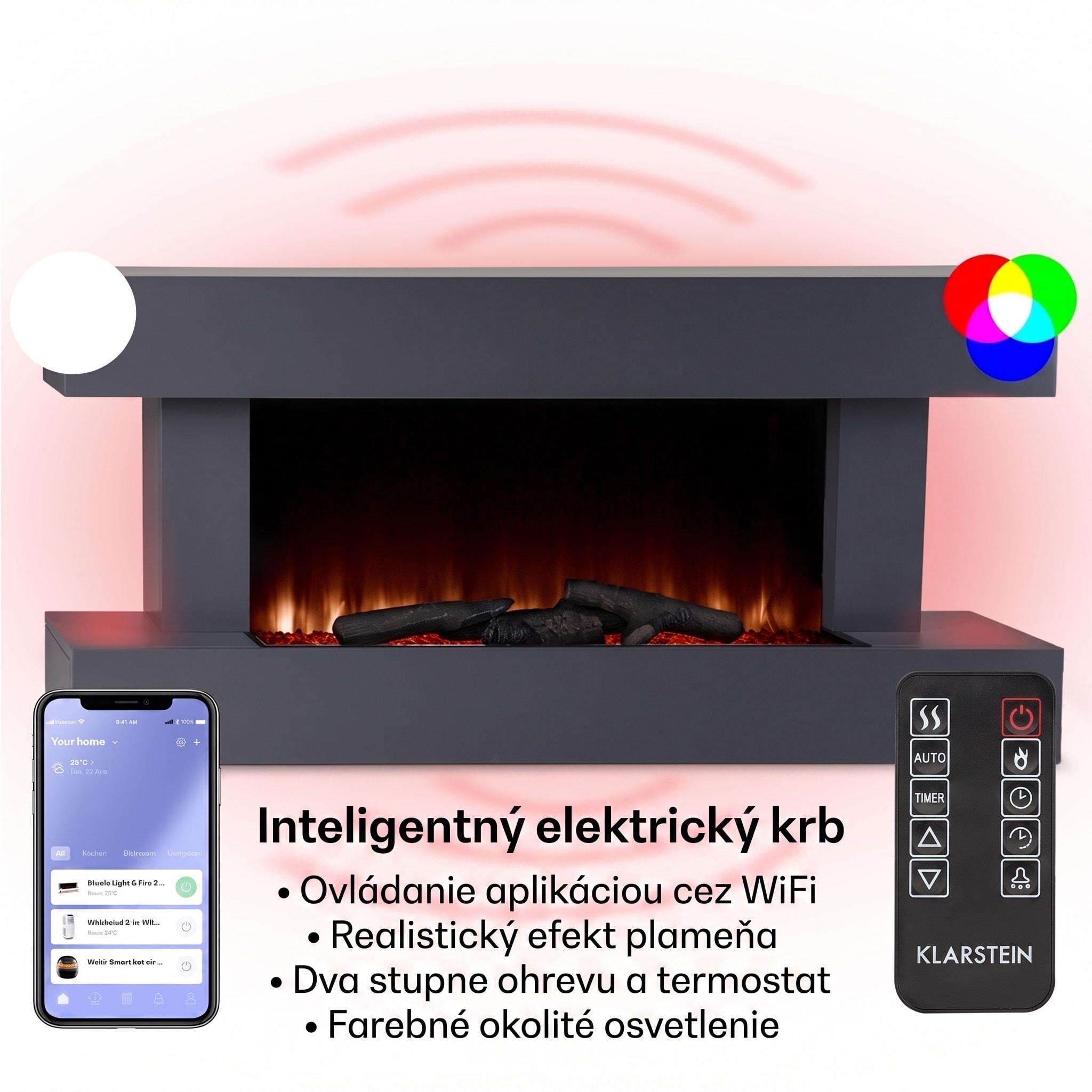 Klarstein Studio Light & Fire 1 Smart, krb, 1000/2000 W, MDF, WiFi Control
