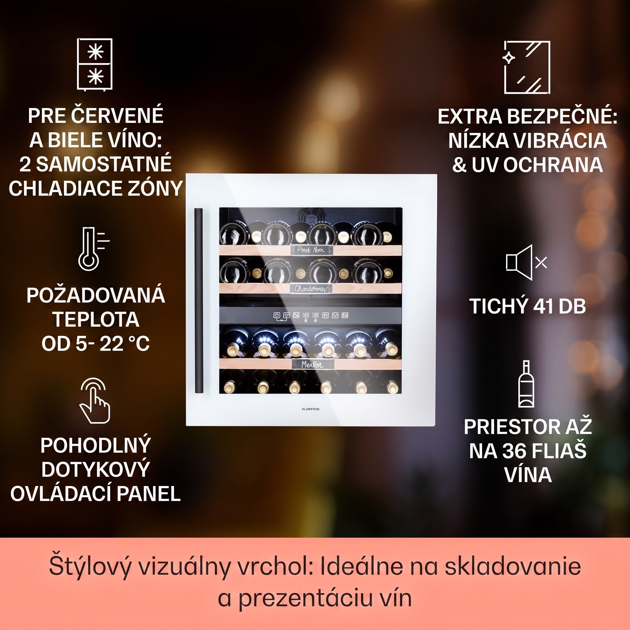 Klarstein Vinsider 36 Quartz Edition, vinotéka, 85 l, 5-22°C, 2 zóny – Obrázok 2