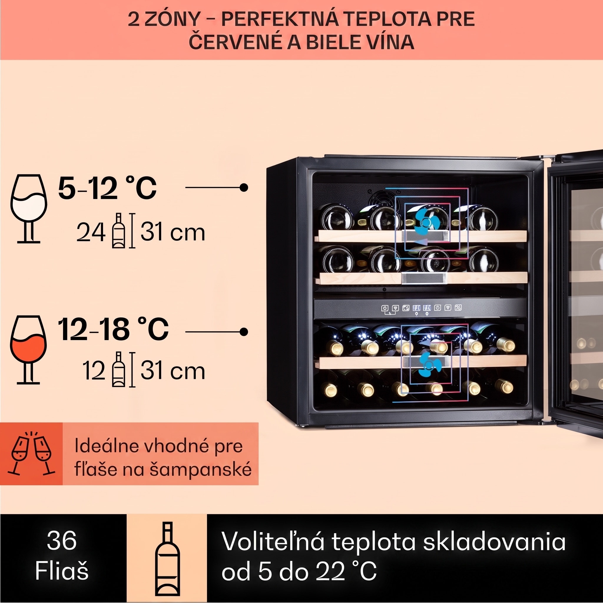 Klarstein Vinsider 36 Quartz Edition, vinotéka, 85 l, 5-22°C, 2 zóny – Obrázok 3
