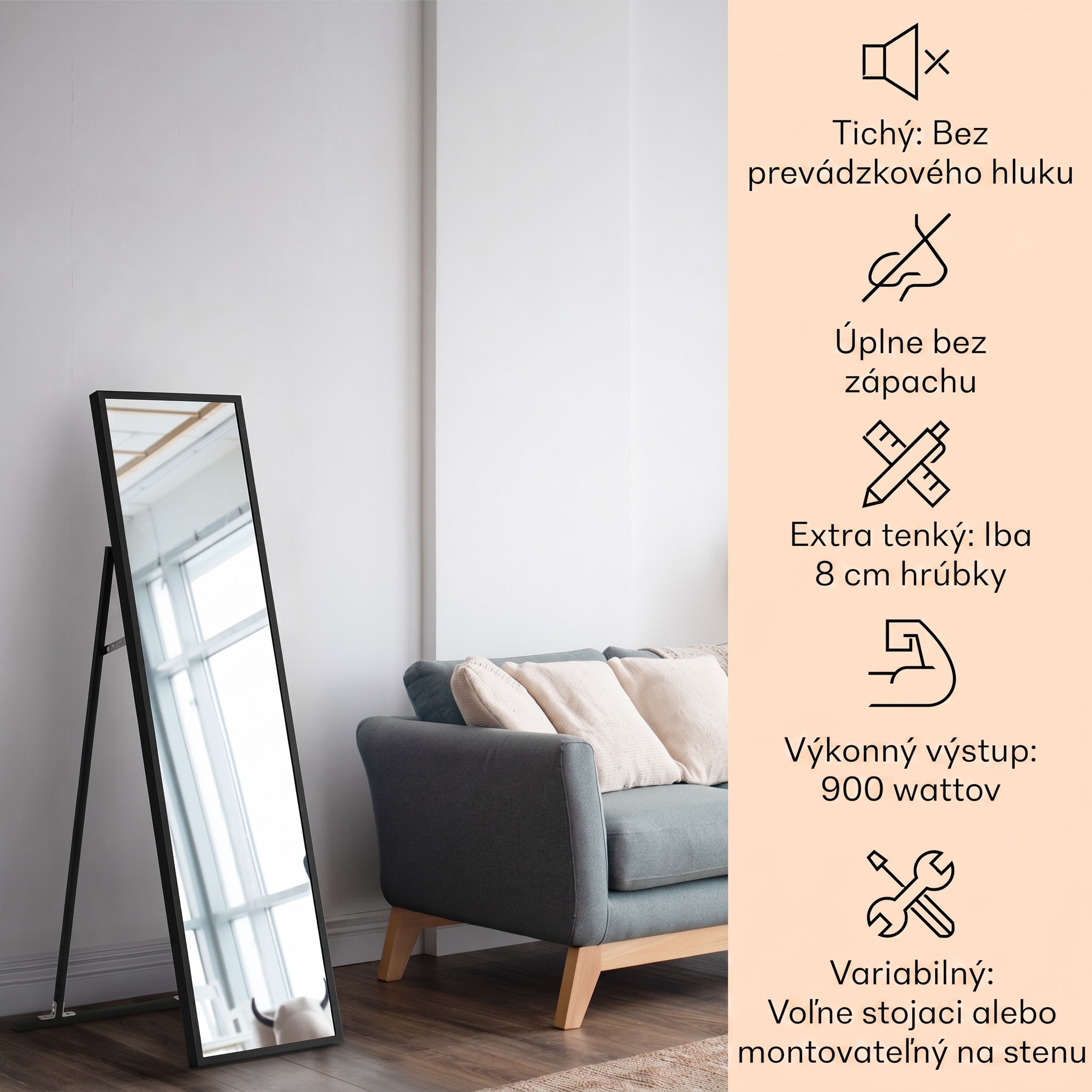 Klarstein La Palma 900 smart, infračervený ohrievač, 40 x 160 cm, 900 W, zrkadlový stojan – Obrázok 2