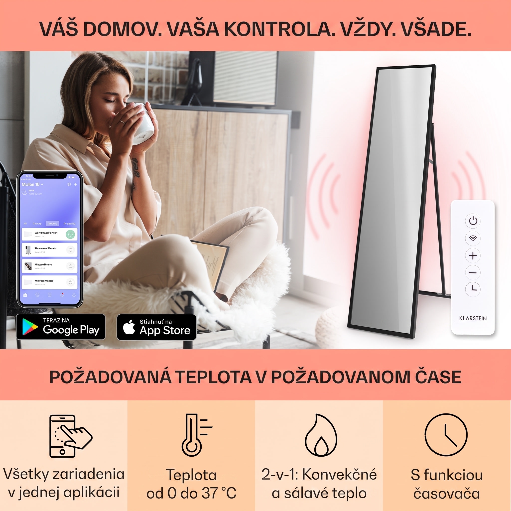 Klarstein La Palma 900 smart, infračervený ohrievač, 40 x 160 cm, 900 W, zrkadlový stojan – Obrázok 3