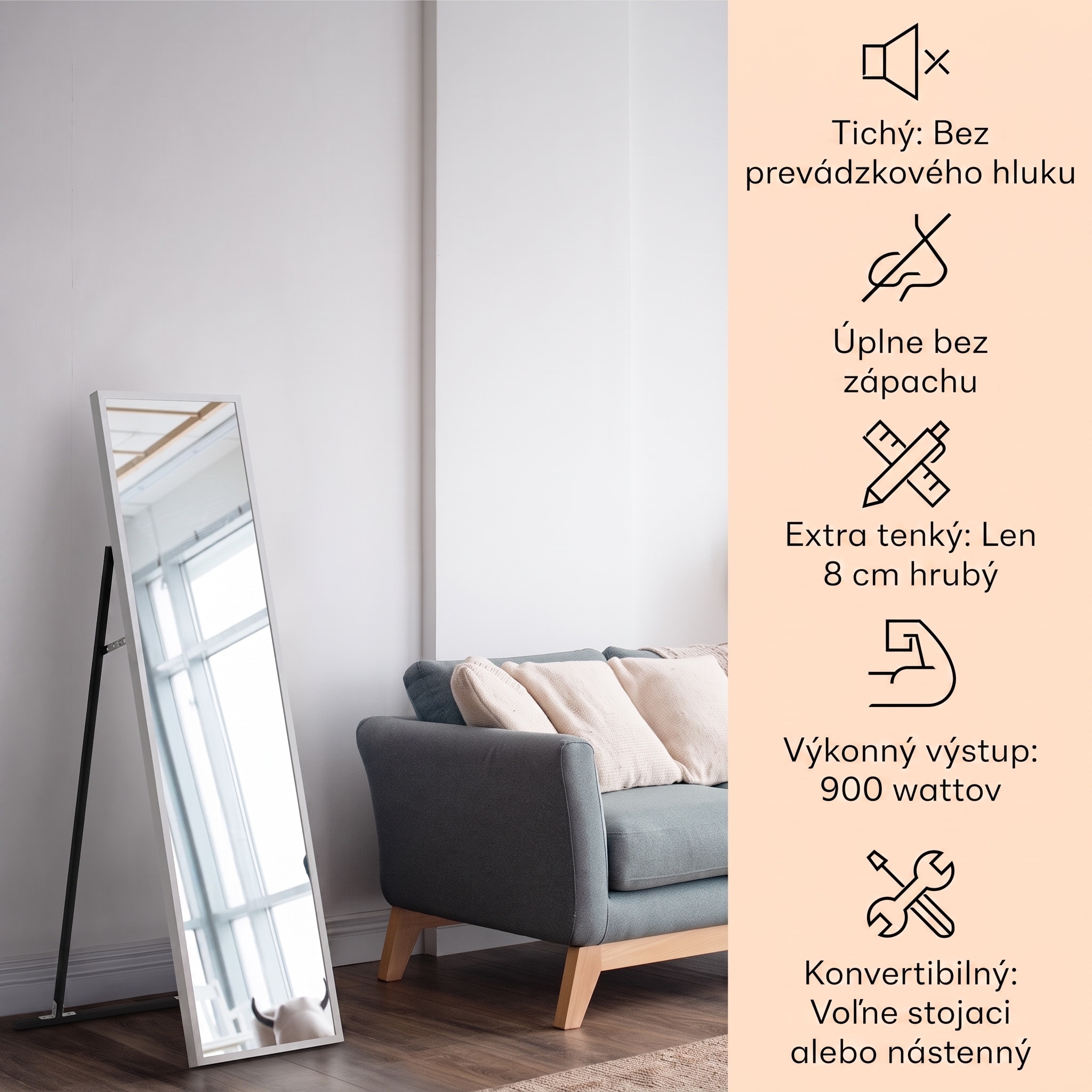 Klarstein La Palma 900 smart, infračervený ohrievač, 40 x 160 cm, 900 W, zrkadlový stojan – Obrázok 2