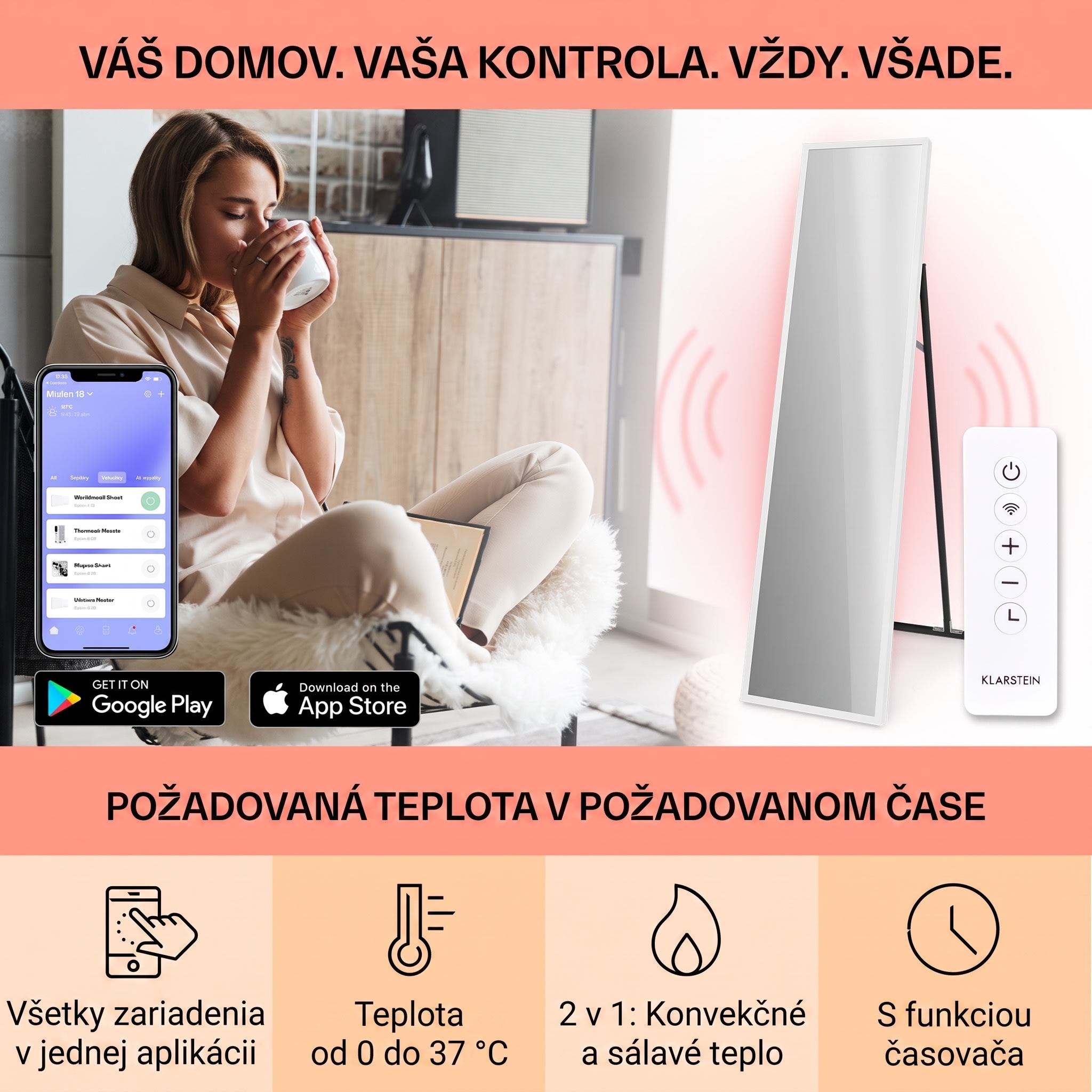 Klarstein La Palma 900 smart, infračervený ohrievač, 40 x 160 cm, 900 W, zrkadlový stojan – Obrázok 3