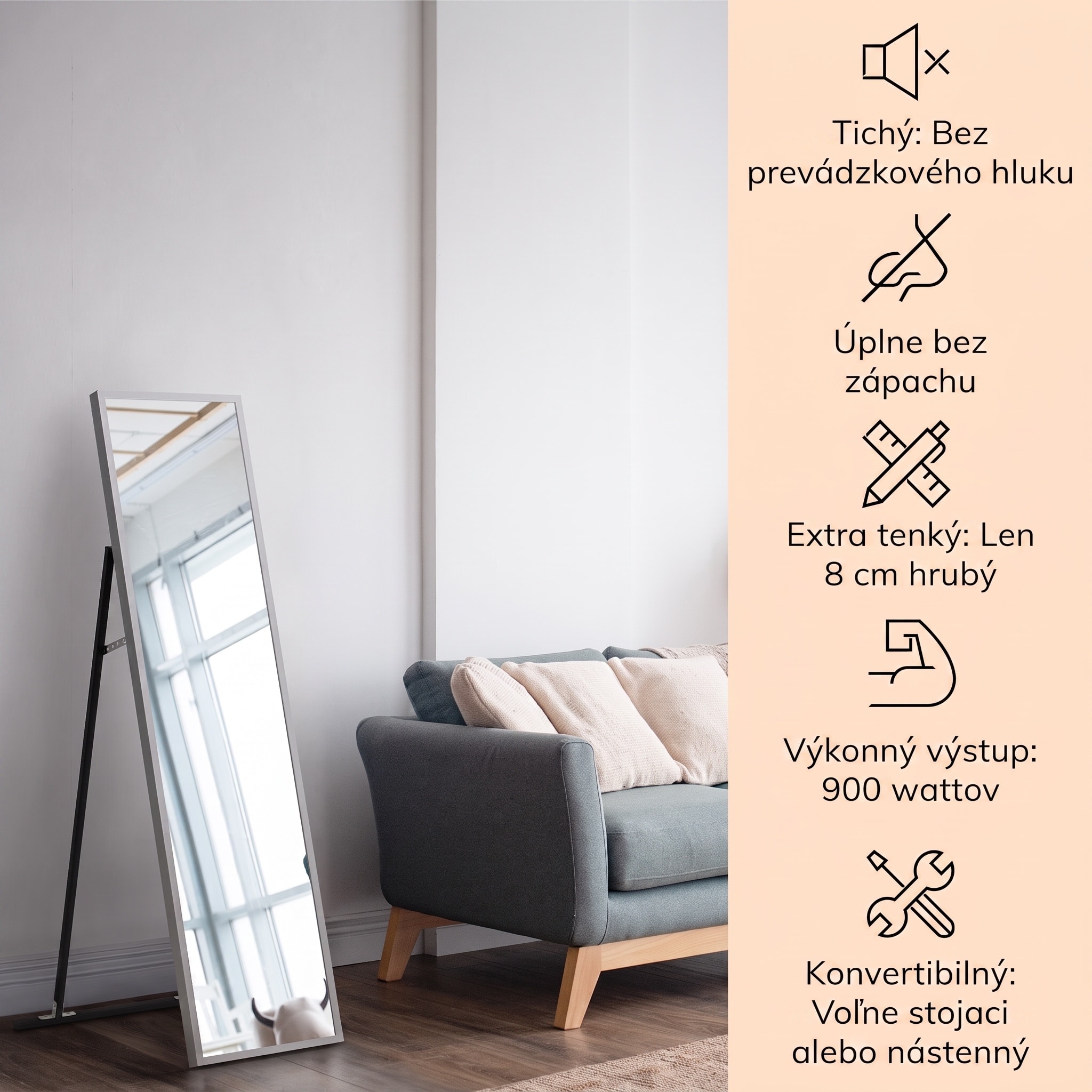 Klarstein La Palma 900 smart, infračervený ohrievač, 40 x 160 cm, 900 W, zrkadlový stojan – Obrázok 2