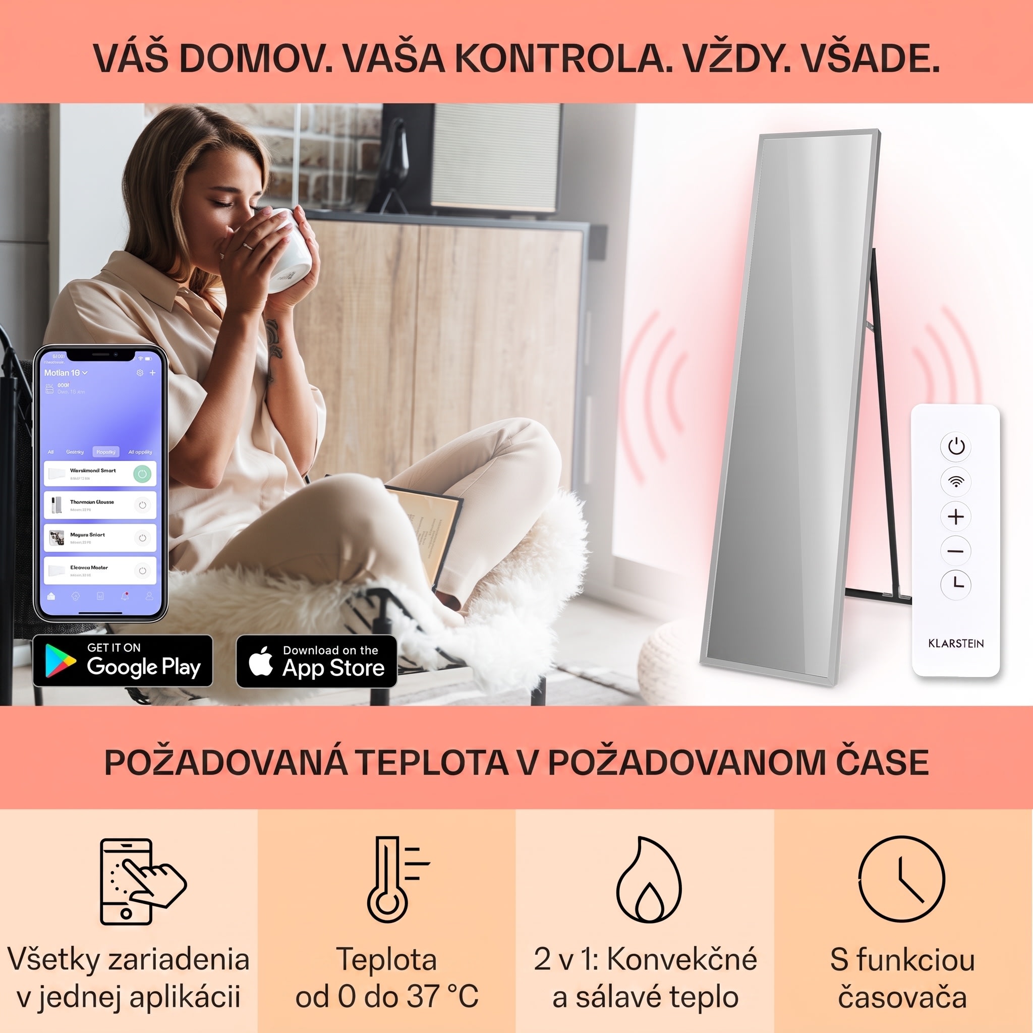 Klarstein La Palma 900 smart, infračervený ohrievač, 40 x 160 cm, 900 W, zrkadlový stojan – Obrázok 3