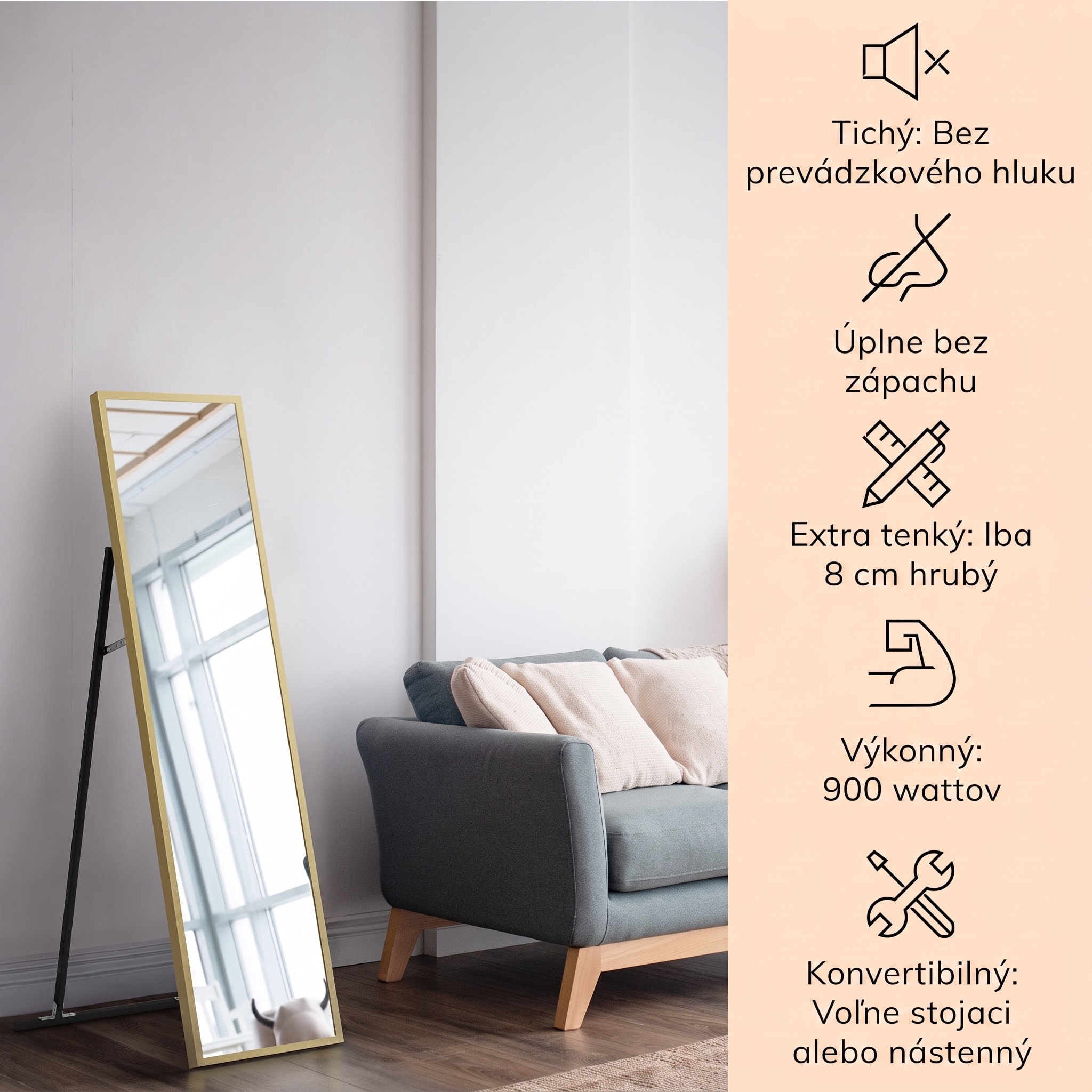 Klarstein La Palma 900 smart, infračervený ohrievač, 40 x 160 cm, 900 W, zrkadlový stojan – Obrázok 2