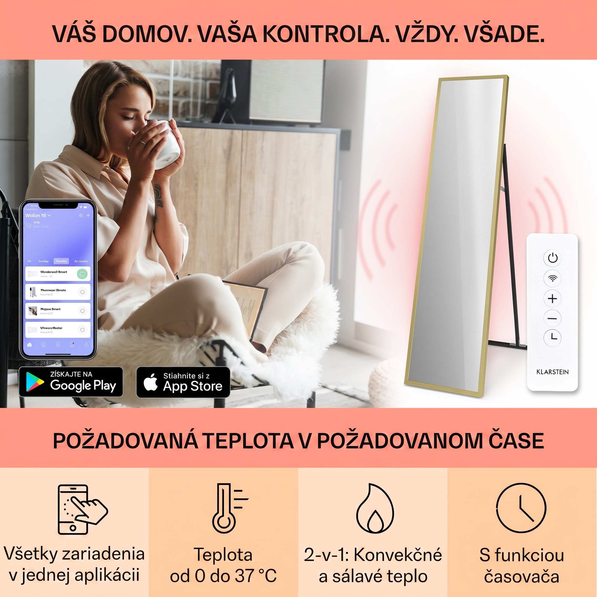 Klarstein La Palma 900 smart, infračervený ohrievač, 40 x 160 cm, 900 W, zrkadlový stojan – Obrázok 3