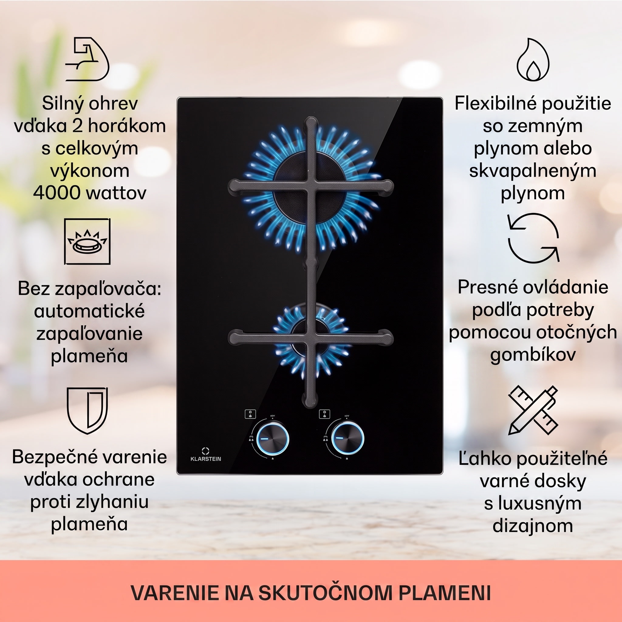 Klarstein Illuminosa Domino, plynová varná doska, 2 Sabaf horáky, sklokeramika – Obrázok 2