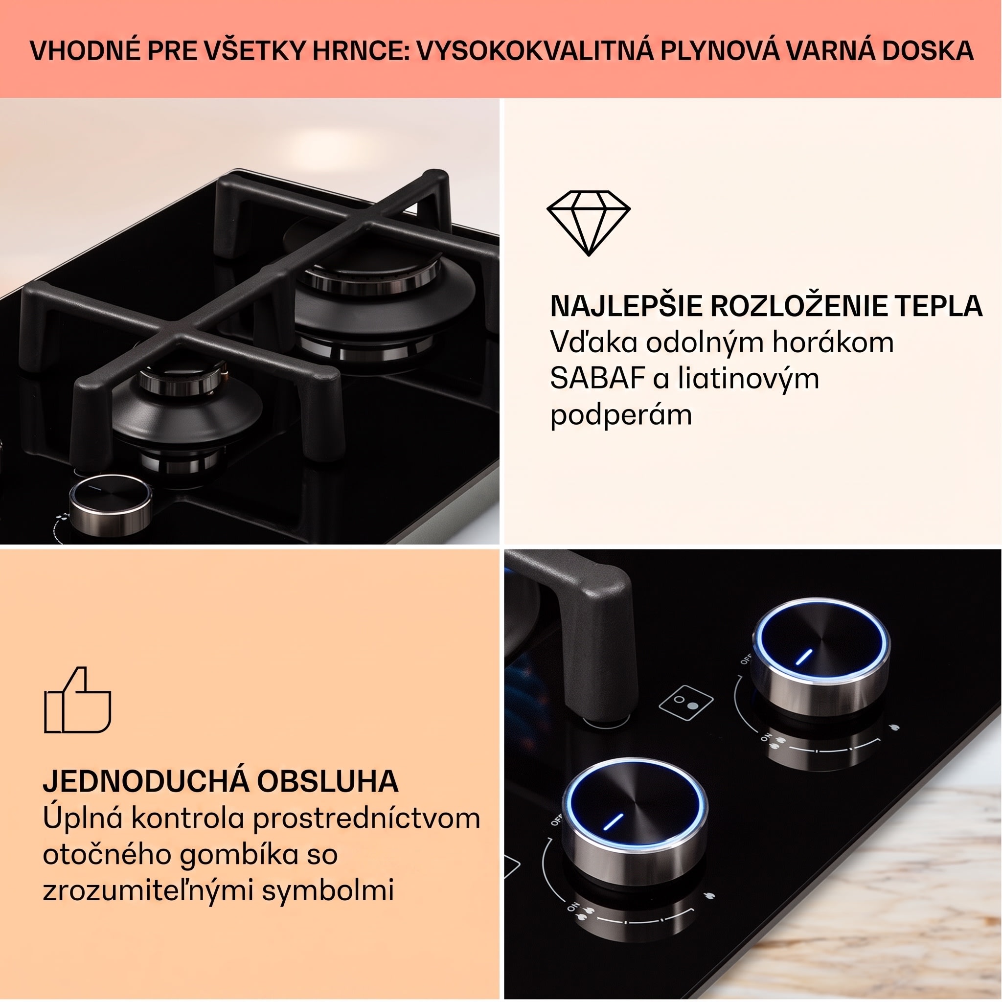 Klarstein Illuminosa Domino, plynová varná doska, 2 Sabaf horáky, sklokeramika – Obrázok 4