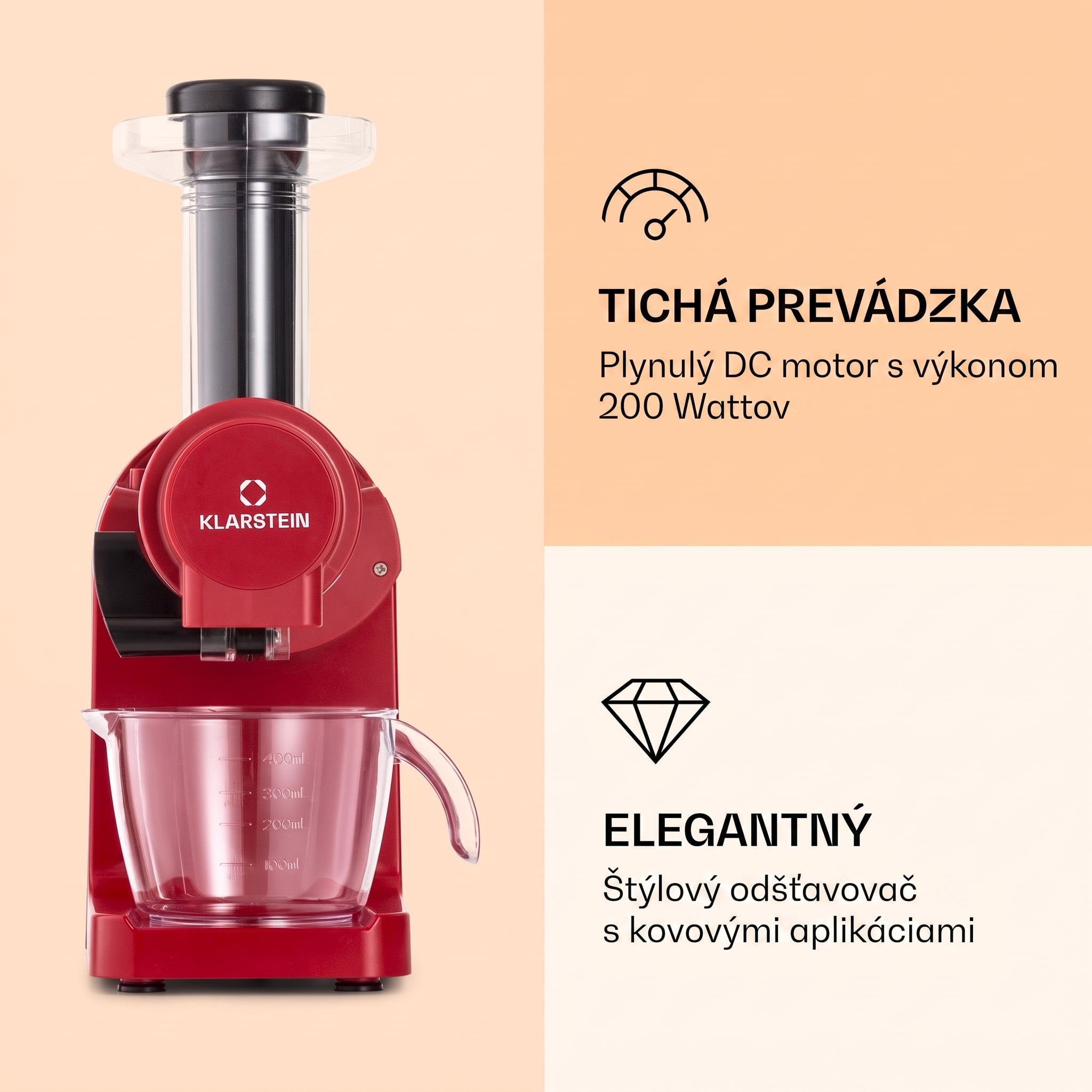 Klarstein Bella Elegance, odšťavovač, 200 W, 400 ml, bez BPA – Obrázok 3