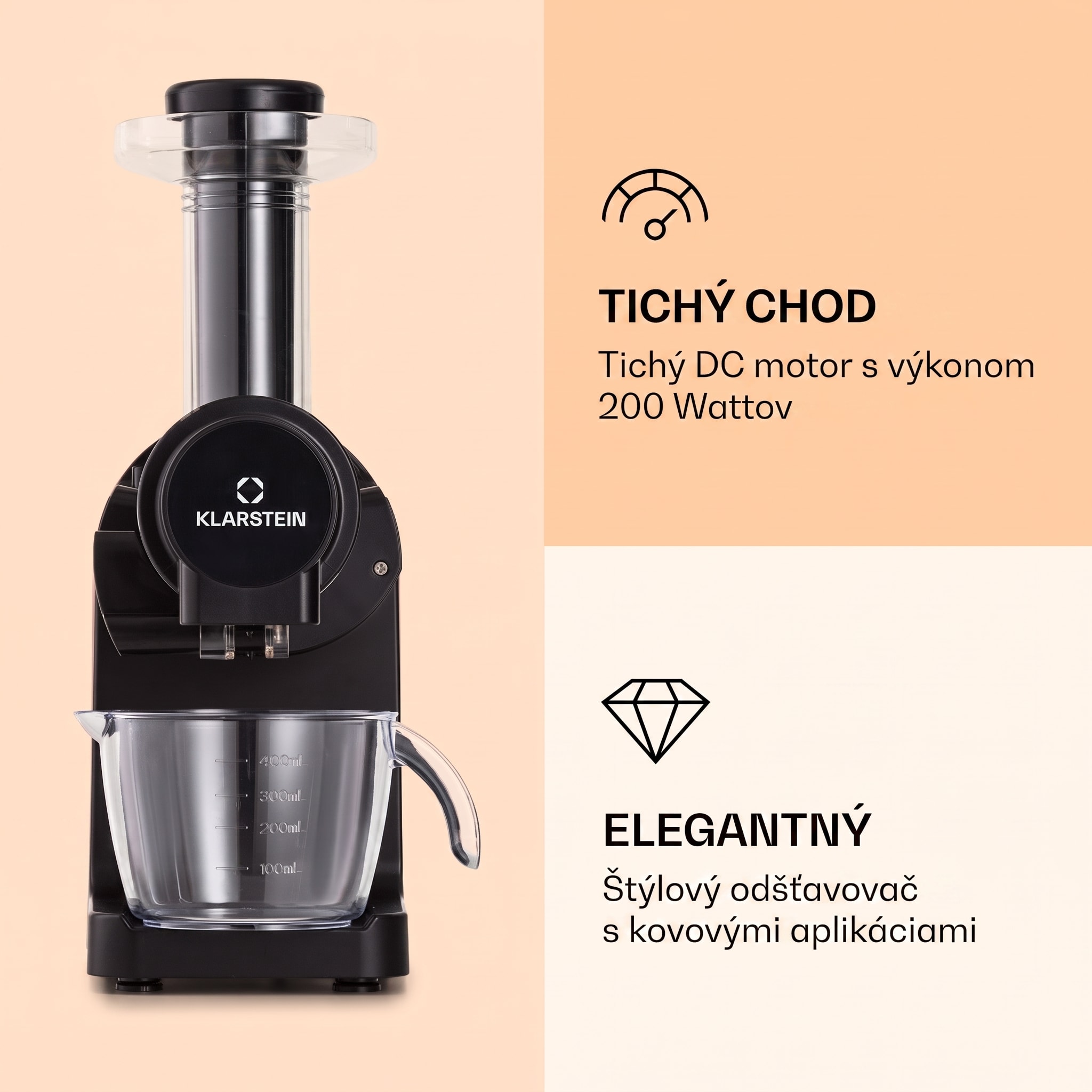 Klarstein Bella Elegance, odšťavovač, 200 W, 400 ml, bez BPA – Obrázok 3