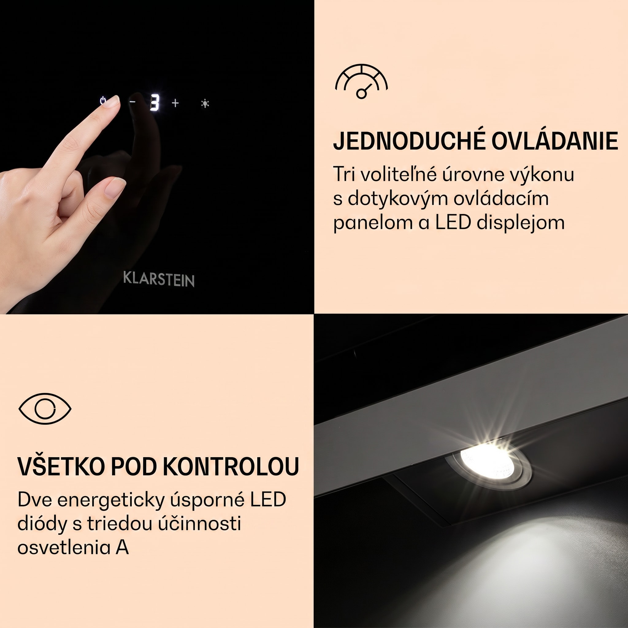 Klarstein Aurora Eco 60, digestor, 60 cm, nástenný, 585 m³/h, A+, dotykové ovládanie, čierny – Obrázok 5