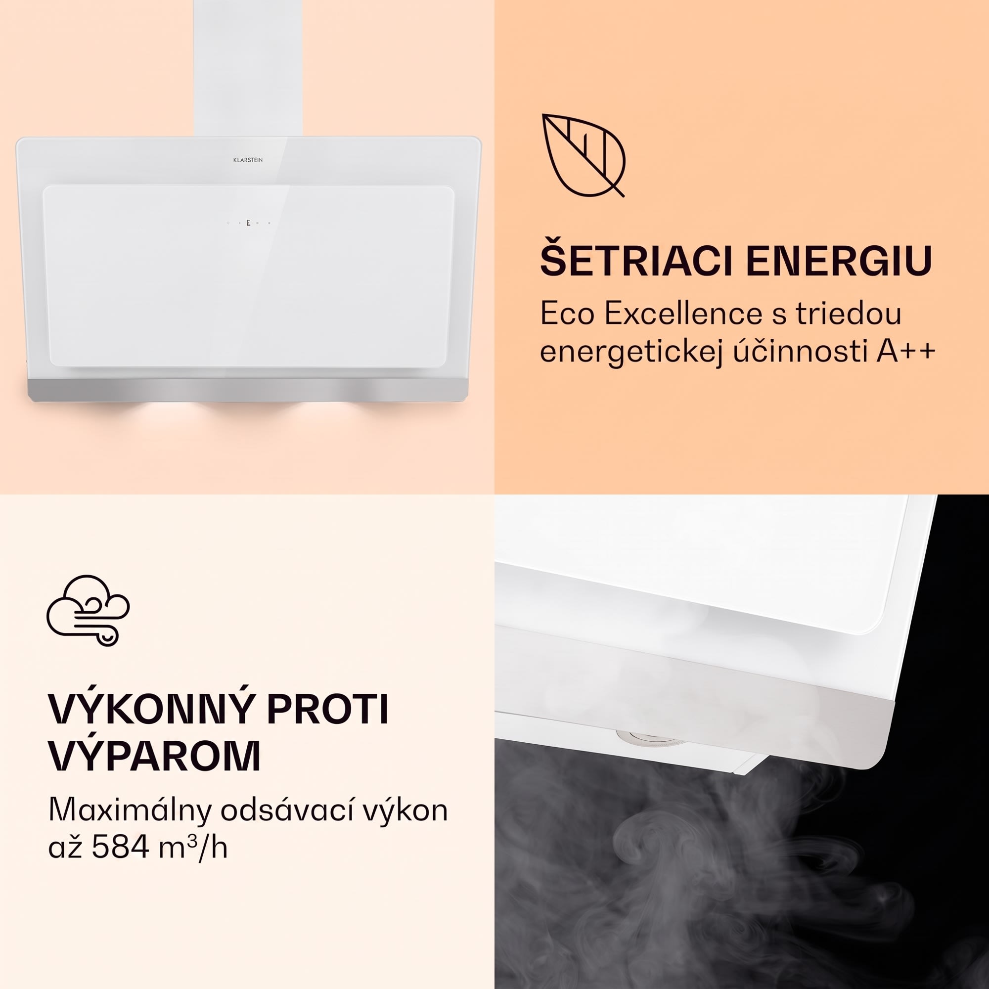 Klarstein Aurora Eco 60, digestor, 60 cm, nástenný, 584 m³/h, A+, dotykové ovládanie, biely – Obrázok 3