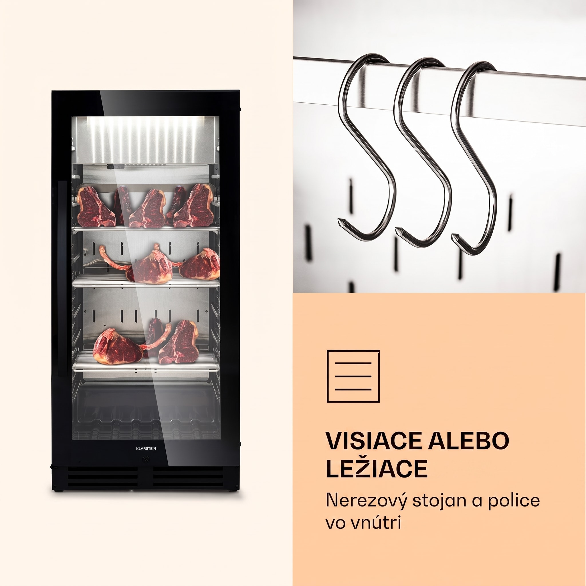 Klarstein Steakhouse Pro 233 Onyx, chladnička na zrenie mäsa, 1 zóna, 233 l, 1-25°C, dotykový displej, panoramatické okno – Obrázok 5