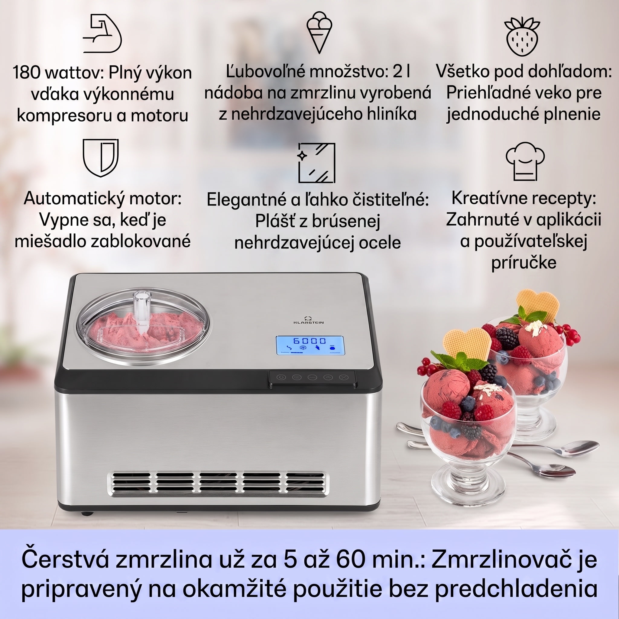 Klarstein Dolce Bacio Smart, zmrzlinovač a jogurtovač, kompresor, 2 l, Wi-Fi, dotykový displej, nehrdzavejúca oceľ – Obrázok 2