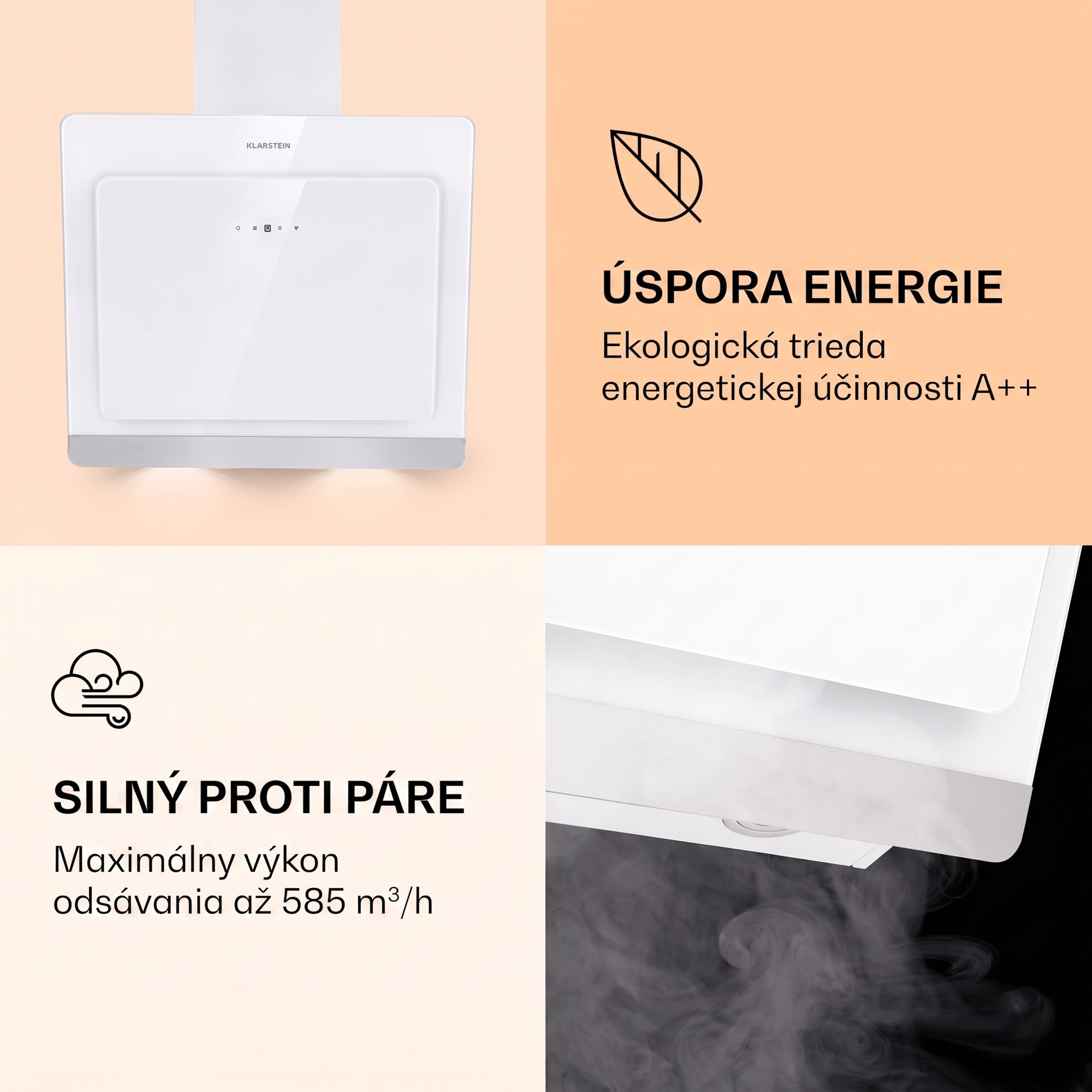 Klarstein Aurora 60 Smart, digestor, 60 cm, komínový, 585 m³/h, LED podsvietenie, A++, biely – Obrázok 4