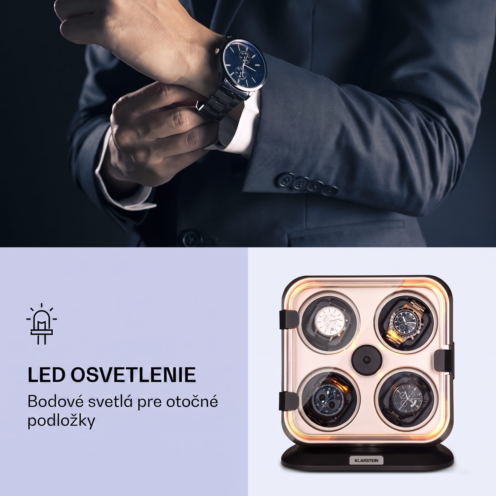 Klarstein Clover, naťahovač na hodinky, 4 hodiniek, 3 otáčania, 4 rýchlosti, modré LED osvetlenie, plastový kryt – Obrázok 2