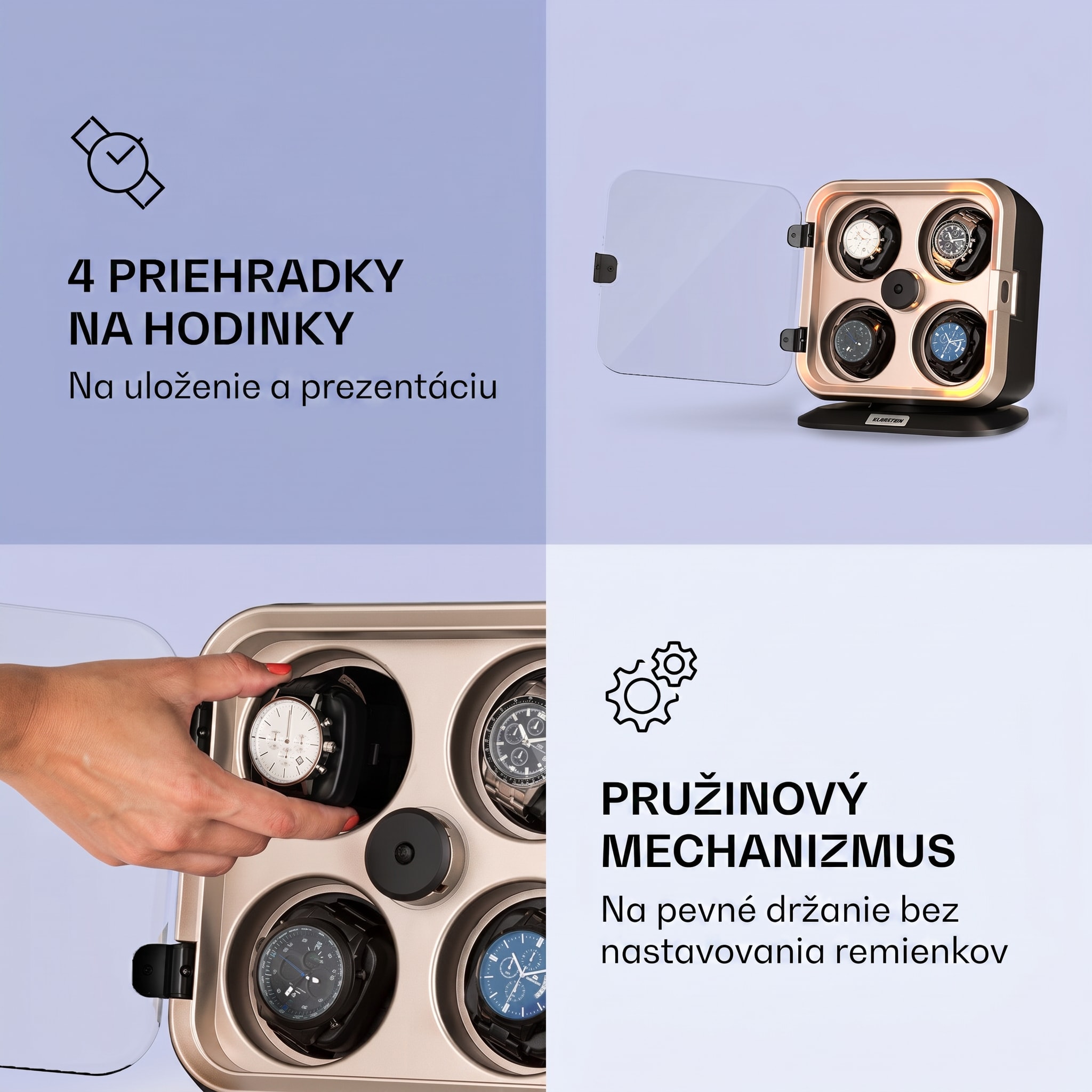 Klarstein Clover, naťahovač na hodinky, 4 hodiniek, 3 otáčania, 4 rýchlosti, modré LED osvetlenie, plastový kryt – Obrázok 3