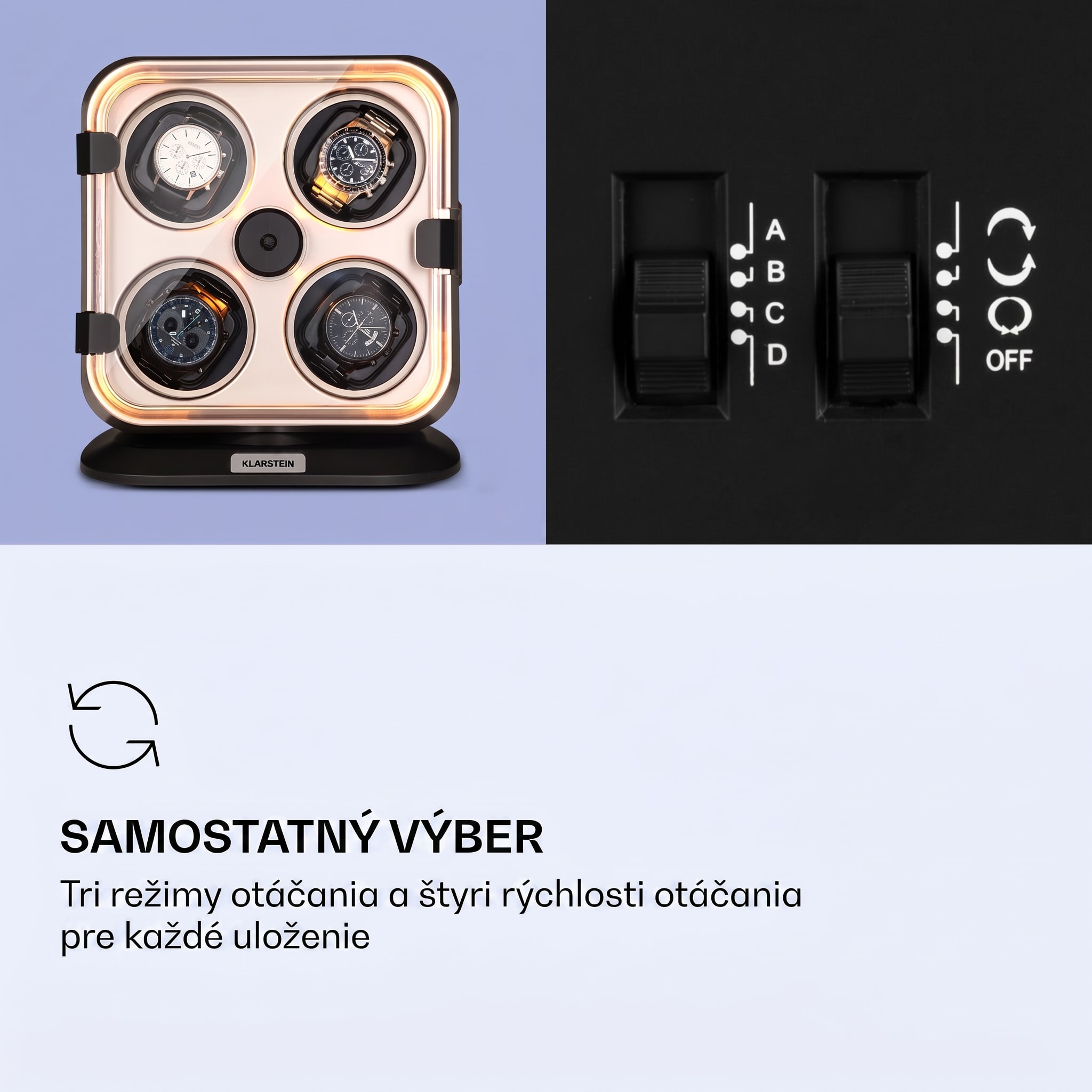 Klarstein Clover, naťahovač na hodinky, 4 hodiniek, 3 otáčania, 4 rýchlosti, modré LED osvetlenie, plastový kryt – Obrázok 4