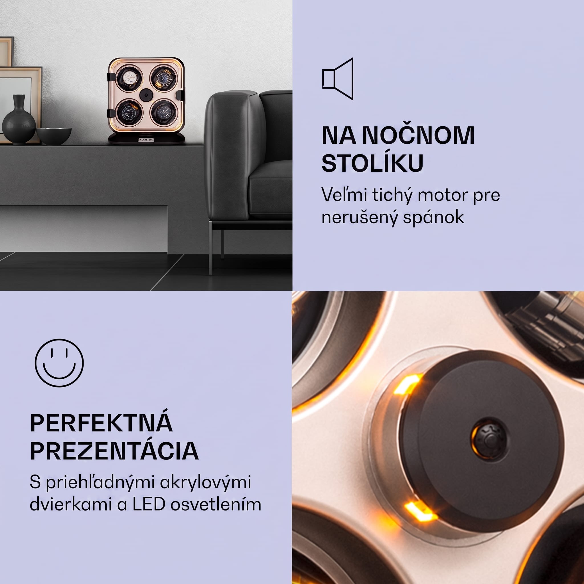 Klarstein Clover, naťahovač na hodinky, 4 hodiniek, 3 otáčania, 4 rýchlosti, modré LED osvetlenie, plastový kryt – Obrázok 5