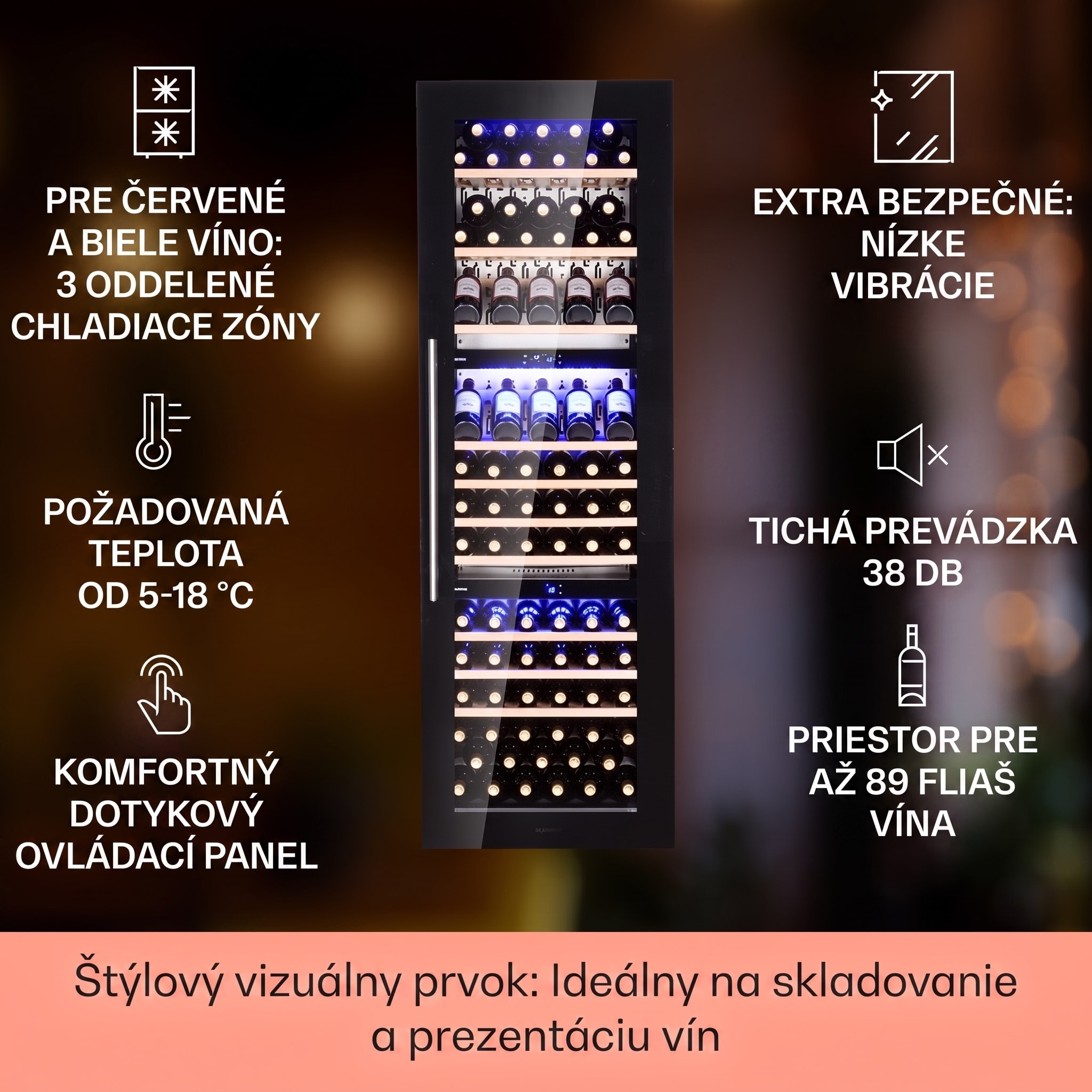 Klarstein Vinsider 89 vstavaná trojica vstavaná vinotéka 5–18 °C dotykové ovládanie drevené police – Obrázok 2