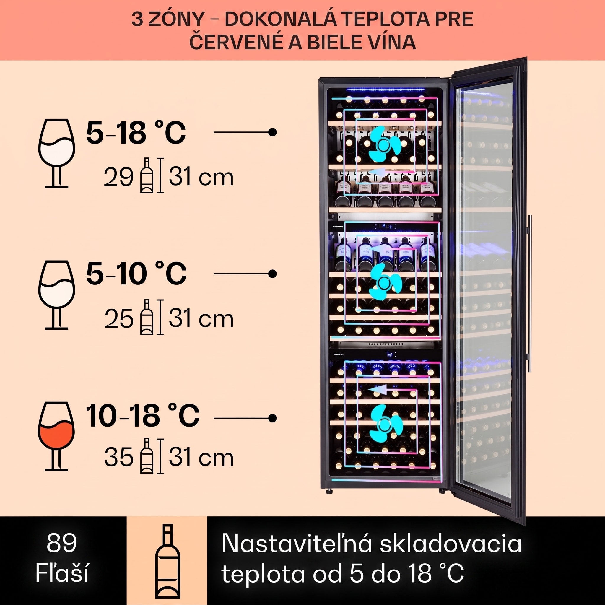 Klarstein Vinsider 89 vstavaná trojica vstavaná vinotéka 5–18 °C dotykové ovládanie drevené police – Obrázok 3