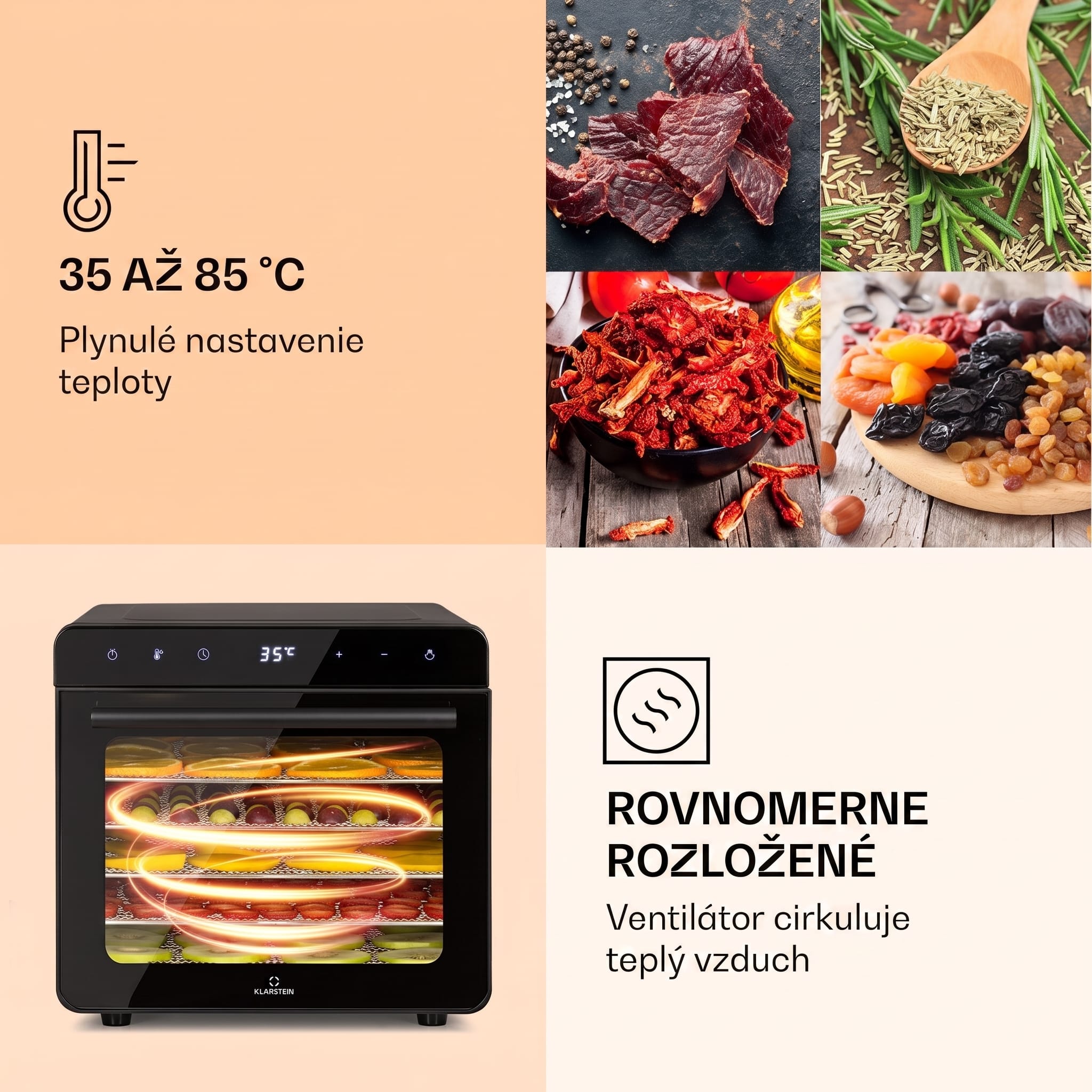 Klarstein Shaftesbury, automatická sušička potravín, 700 W, 35-85°C, časovač, digitálny dotykový displej – Obrázok 4