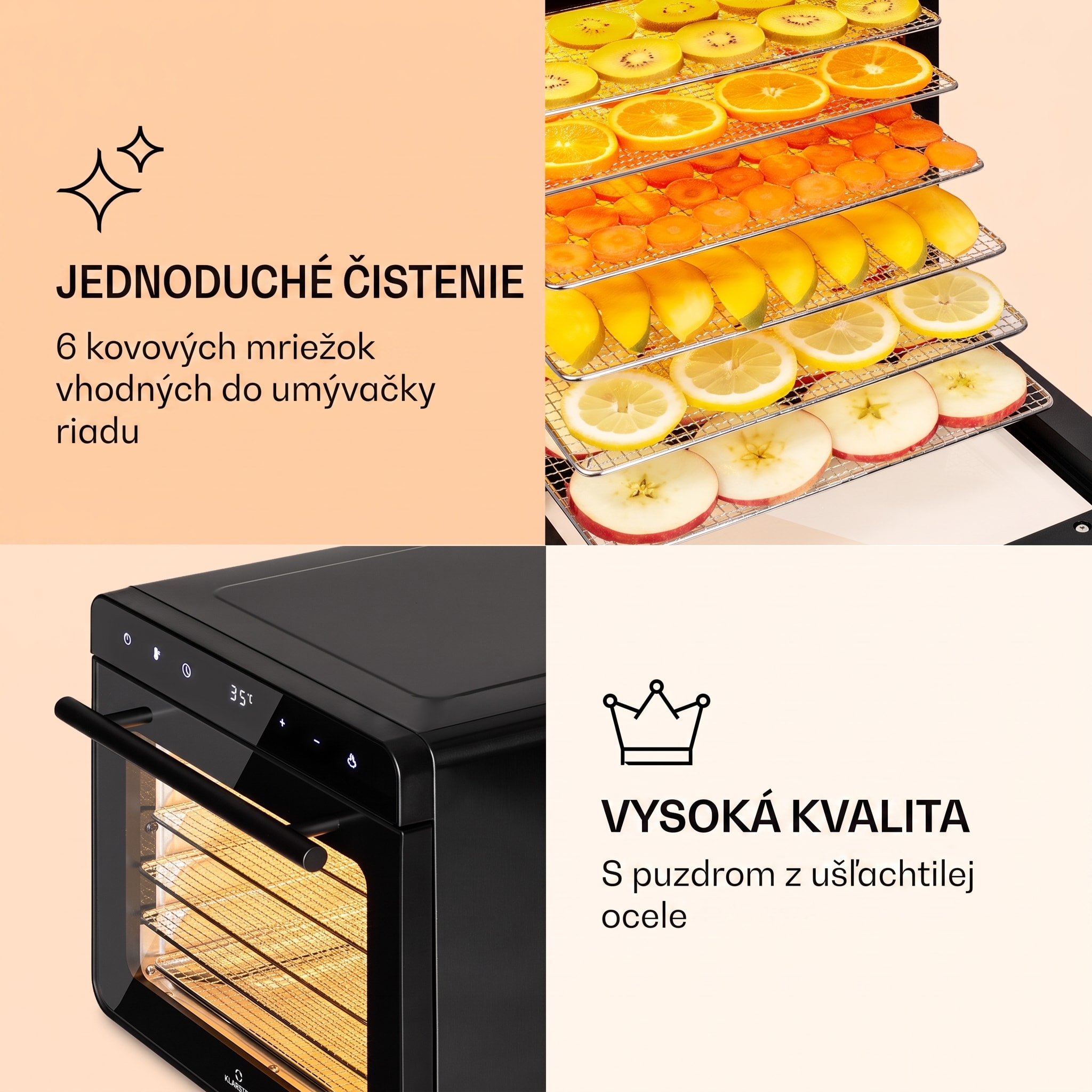 Klarstein Shaftesbury, automatická sušička potravín, 700 W, 35-85°C, časovač, digitálny dotykový displej – Obrázok 5