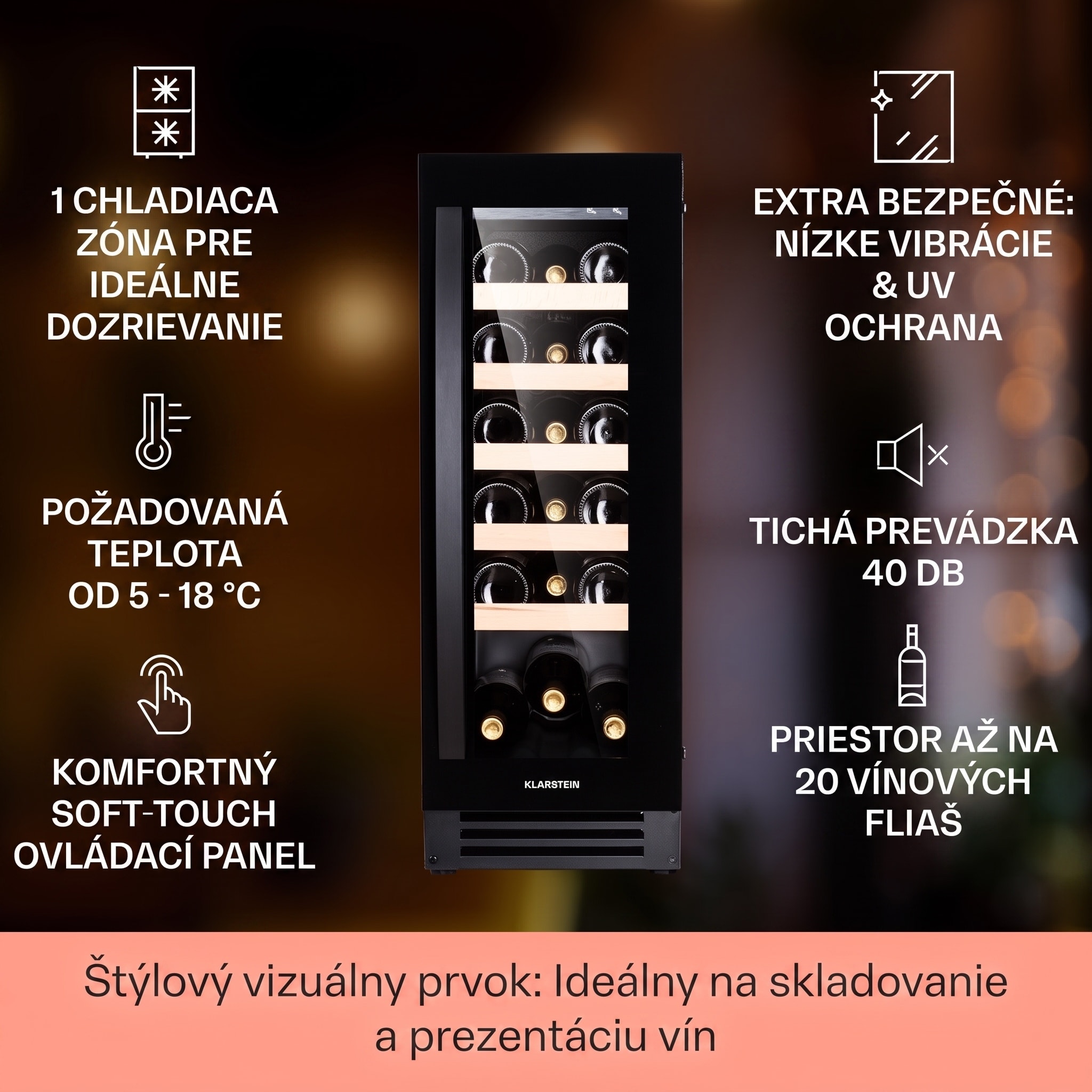 Klarstein Vinovilla 20, vstavaná vinotéka, 50 l, 20 fliaš, sklenené dvere, nehrdzavejúca oceľ – Obrázok 2