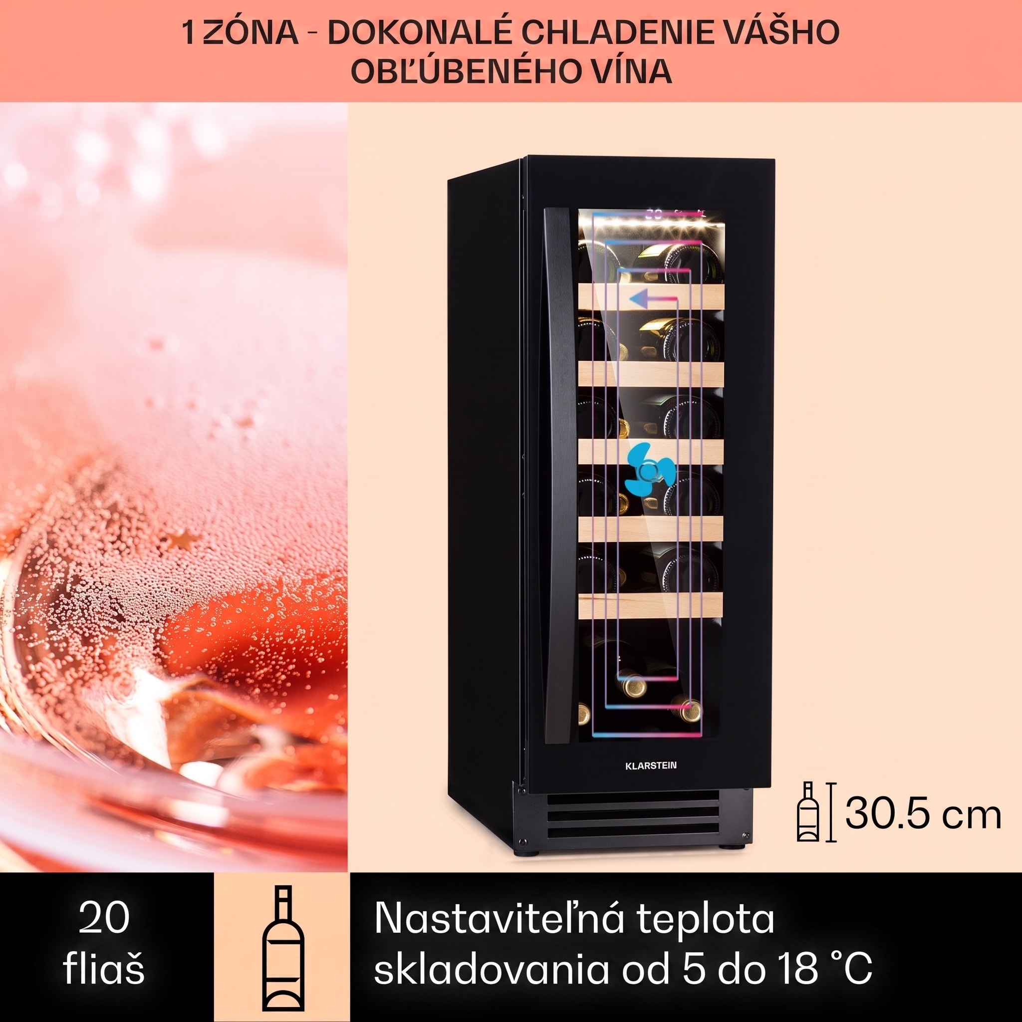 Klarstein Vinovilla 20, vstavaná vinotéka, 50 l, 20 fliaš, sklenené dvere, nehrdzavejúca oceľ – Obrázok 3