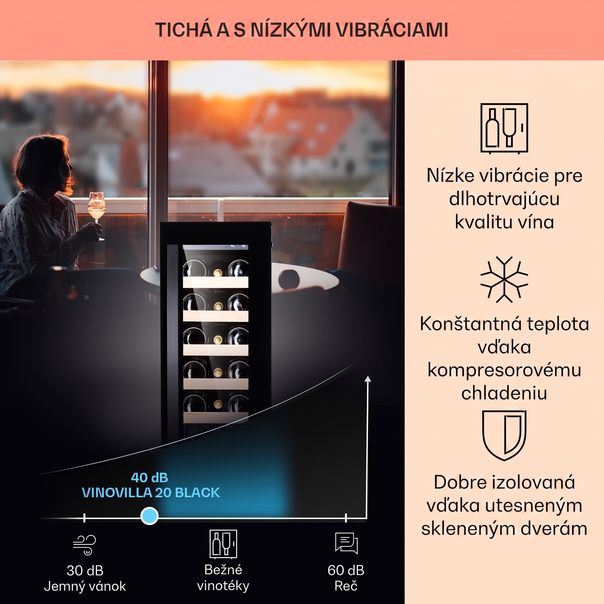 Klarstein Vinovilla 20, vstavaná vinotéka, 50 l, 20 fliaš, sklenené dvere, nehrdzavejúca oceľ – Obrázok 4