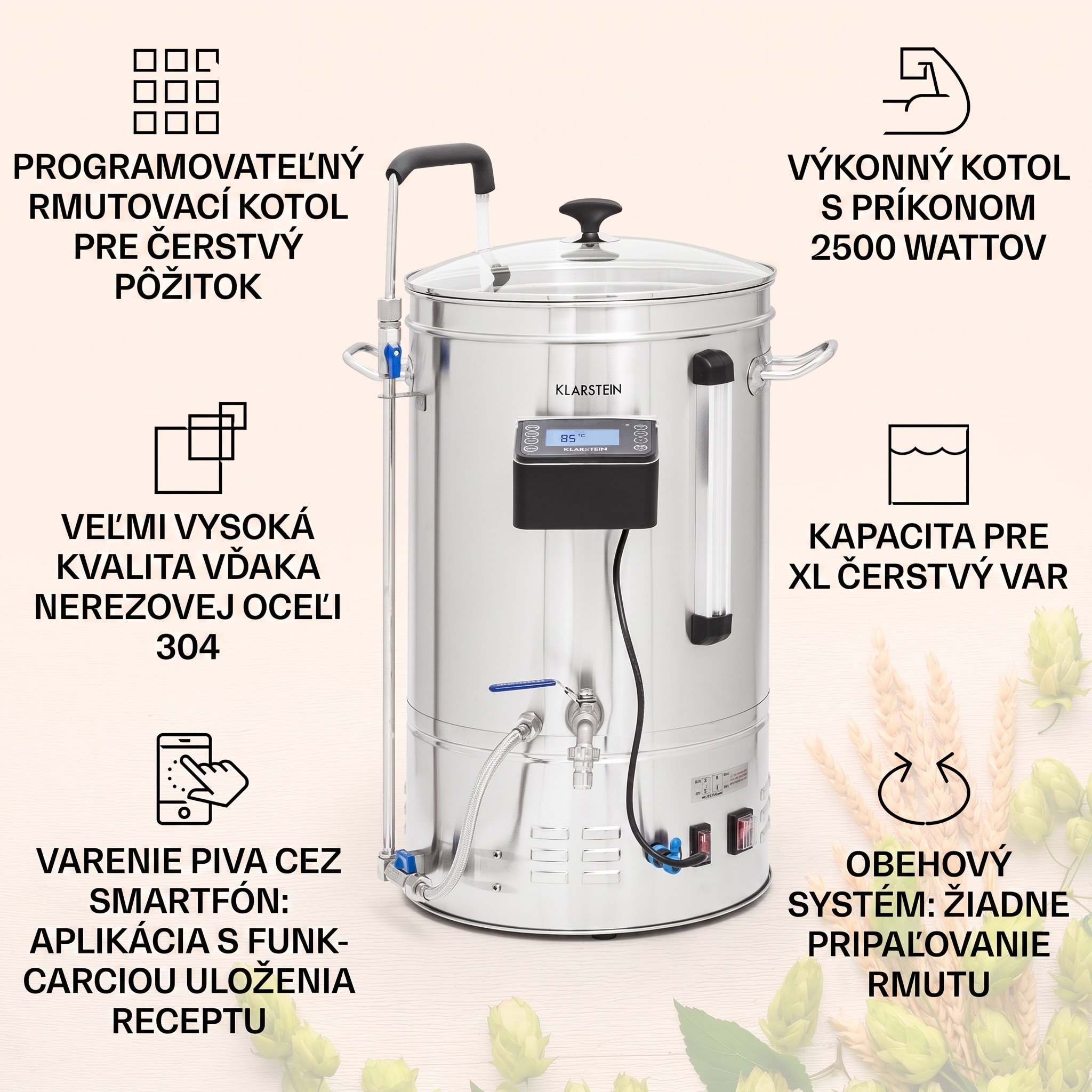 Klarstein Brauheld Smart 35, sladový kotol, 35 l, 2500 W, 100 °C, obehové čerpadlo, nehrdzavejúca oceľ – Obrázok 3