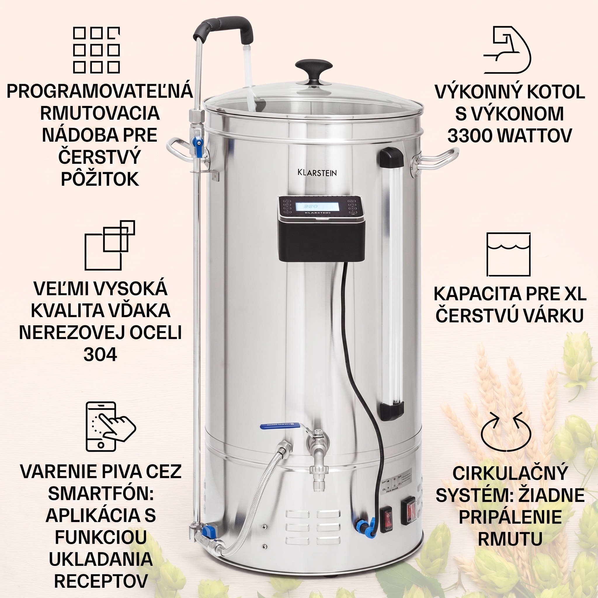 Klarstein Brauheld Smart 45, rmutovací kotol, 45 l, 2500 W, 100 °C, obehové čerpadlo, nehrdzavejúca oceľ – Obrázok 3