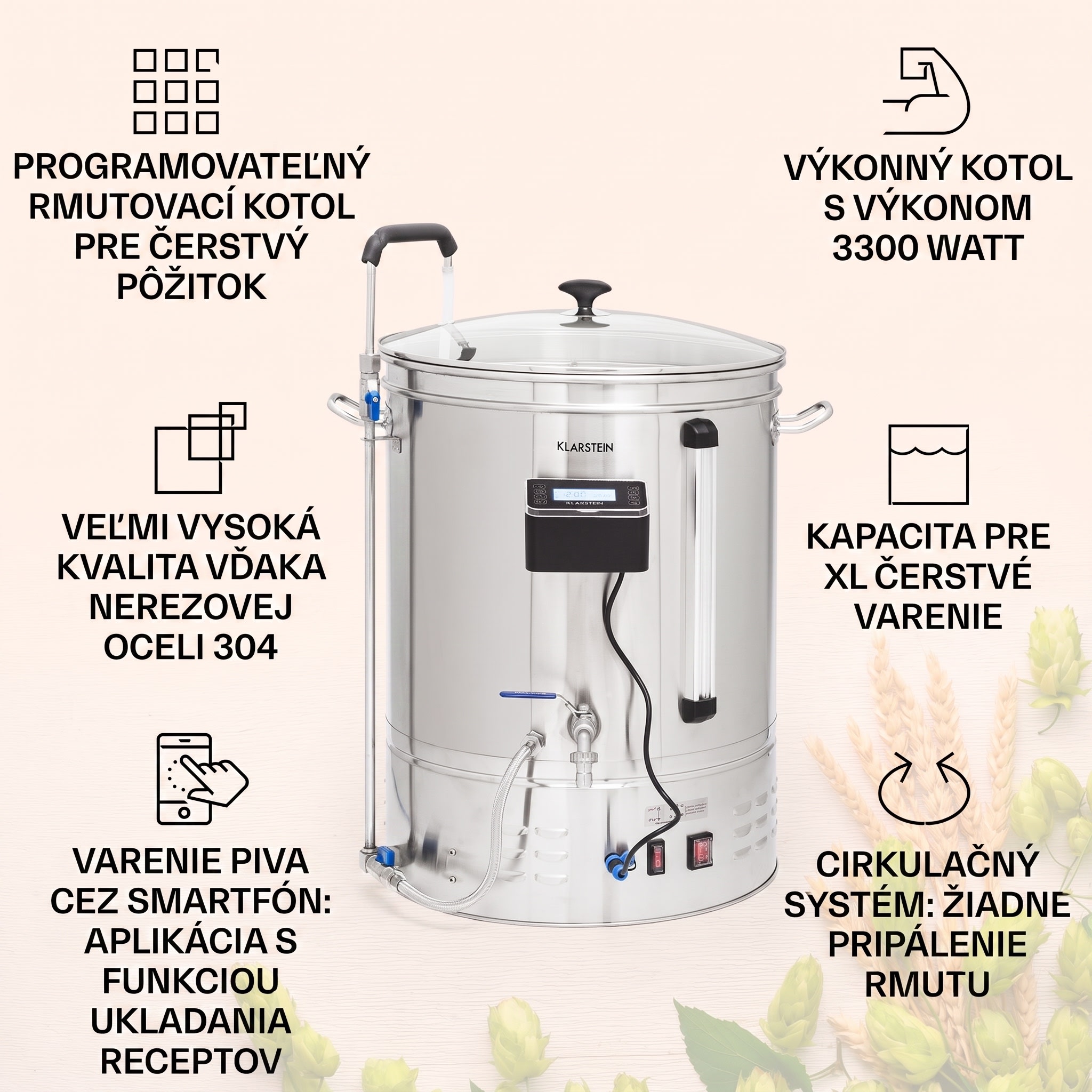 Klarstein Brauheld Smart 65, rmutovací kotol, 65 l, 2500 W, 100 °C, obehové čerpadlo, nehrdzavejúca oceľ – Obrázok 3