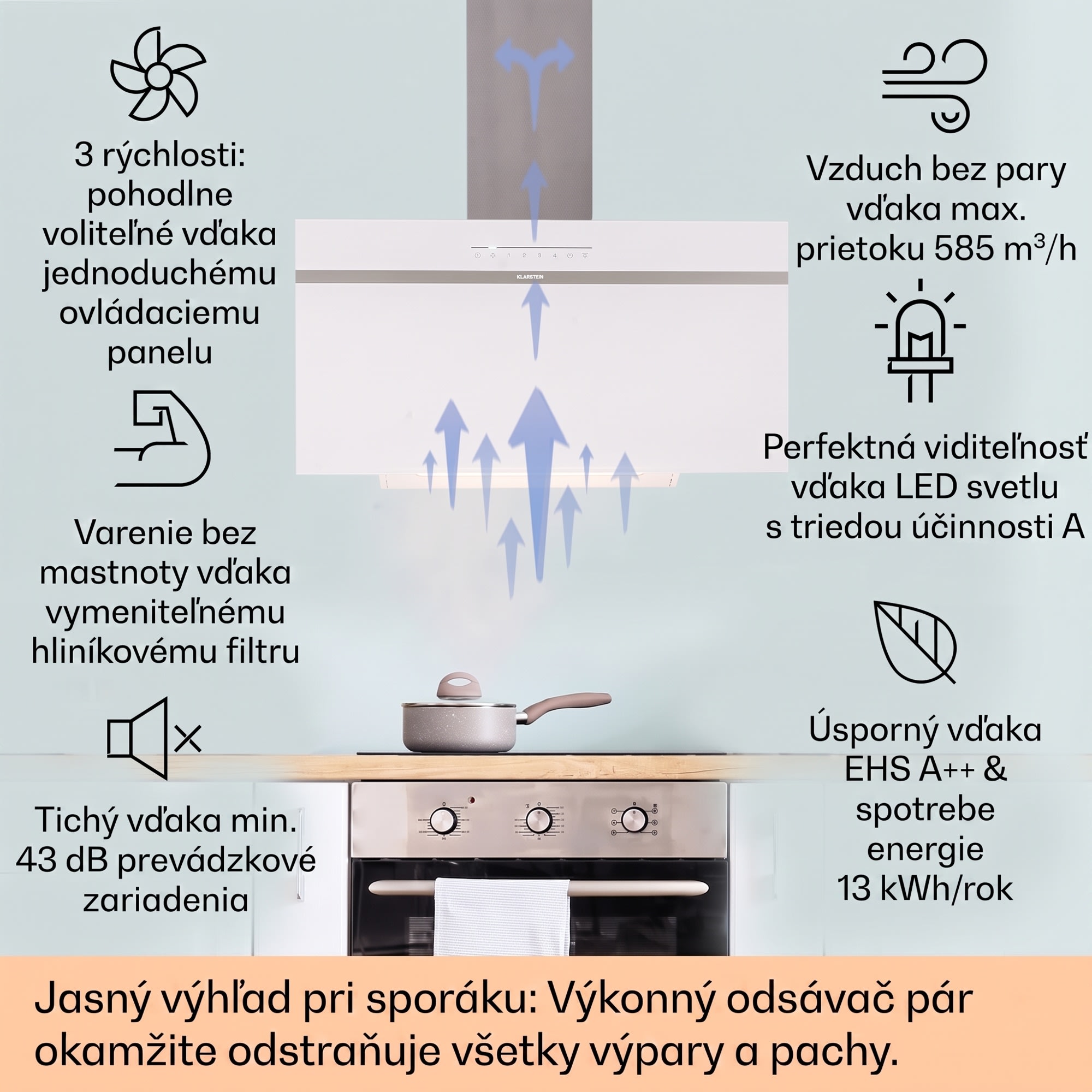 Klarstein Ava 90 Smart, digestor, 90 cm, nástenný, WiFi, A++, 585 m³/h, dotykový displej – Obrázok 2