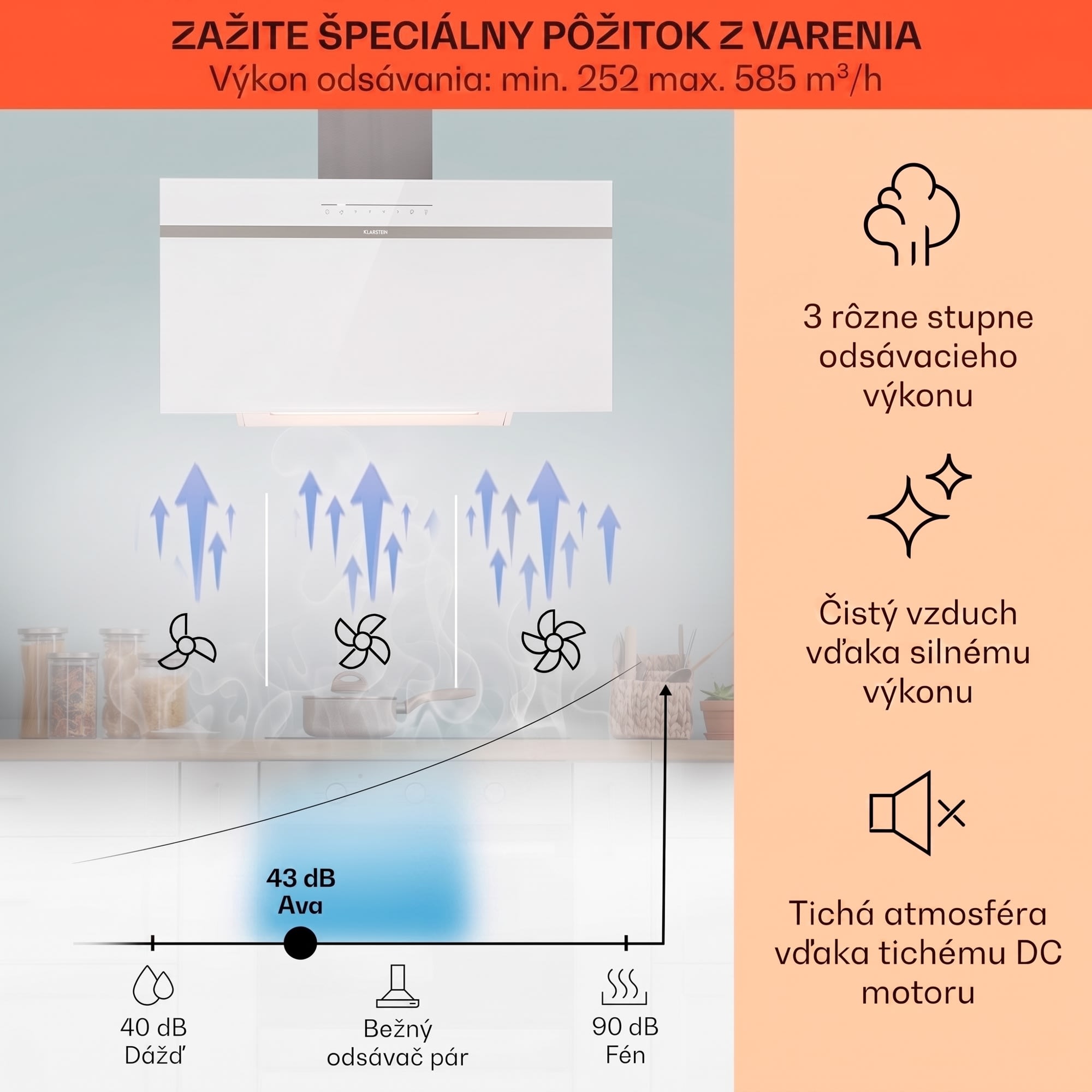 Klarstein Ava 90 Smart, digestor, 90 cm, nástenný, WiFi, A++, 585 m³/h, dotykový displej – Obrázok 3