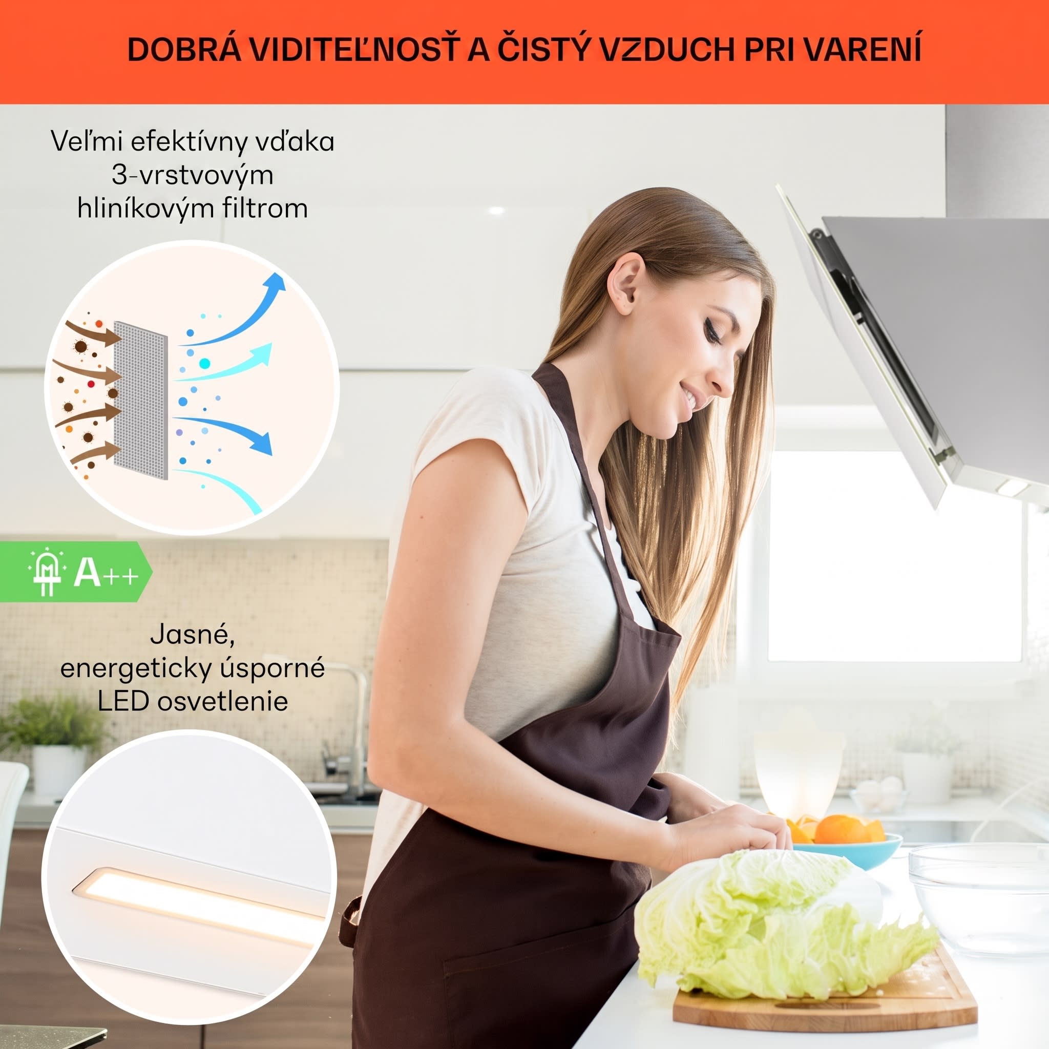 Klarstein Ava 90 Smart, digestor, 90 cm, nástenný, WiFi, A++, 585 m³/h, dotykový displej – Obrázok 4