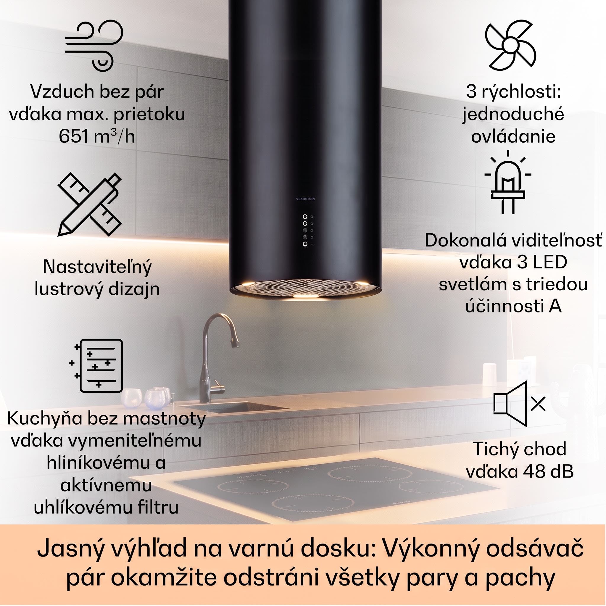 Klarstein Bolea, digestor, 38 cm, ostrovčekový, 651 m³/h, LED, filtre s aktívnym uhlím, nehrdzavejúca oceľ – Obrázok 2