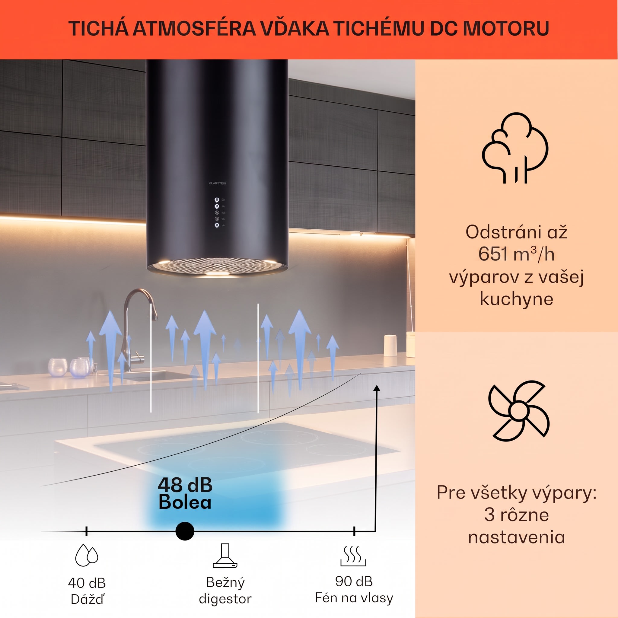 Klarstein Bolea, digestor, 38 cm, ostrovčekový, 651 m³/h, LED, filtre s aktívnym uhlím, nehrdzavejúca oceľ – Obrázok 3