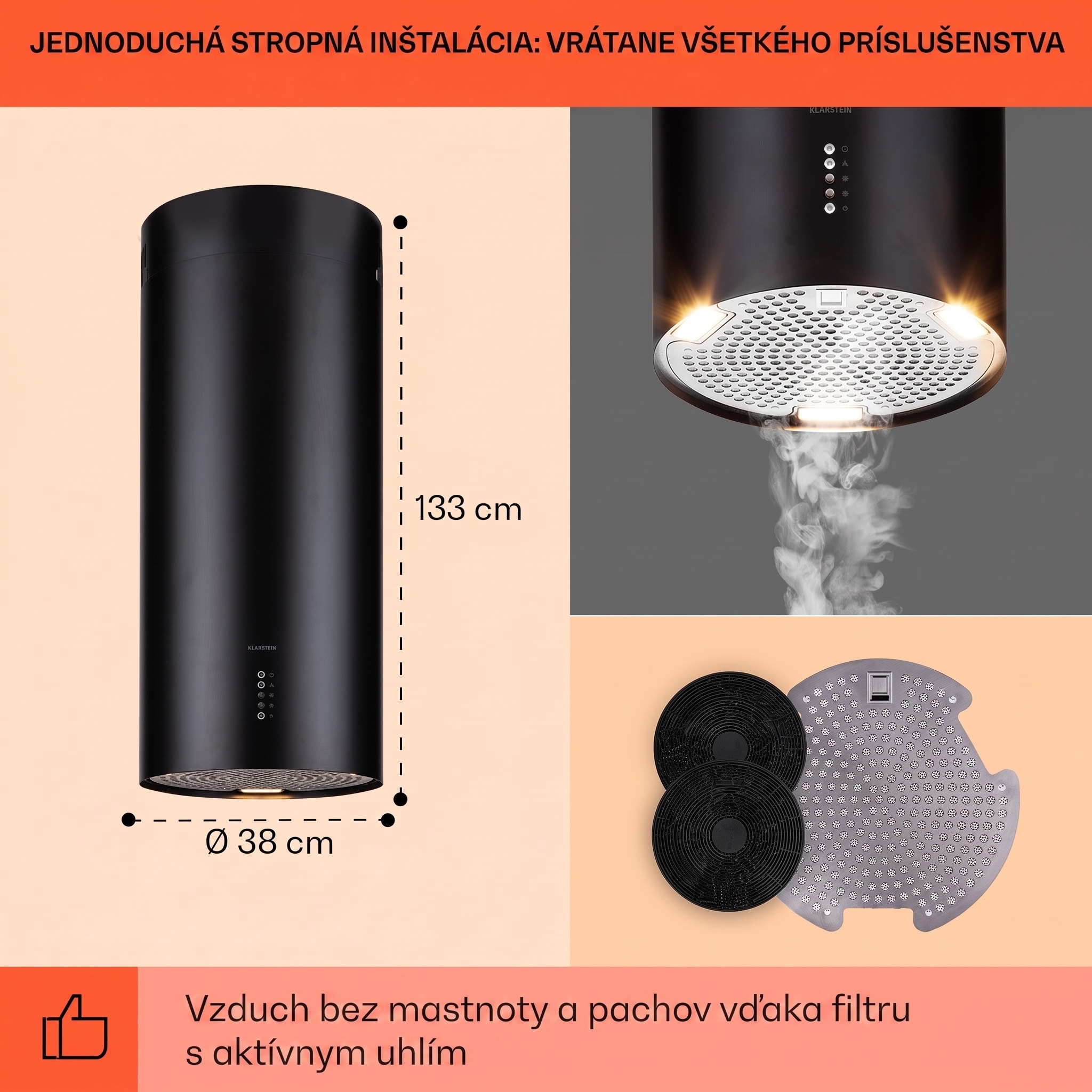 Klarstein Bolea, digestor, 38 cm, ostrovčekový, 651 m³/h, LED, filtre s aktívnym uhlím, nehrdzavejúca oceľ – Obrázok 5
